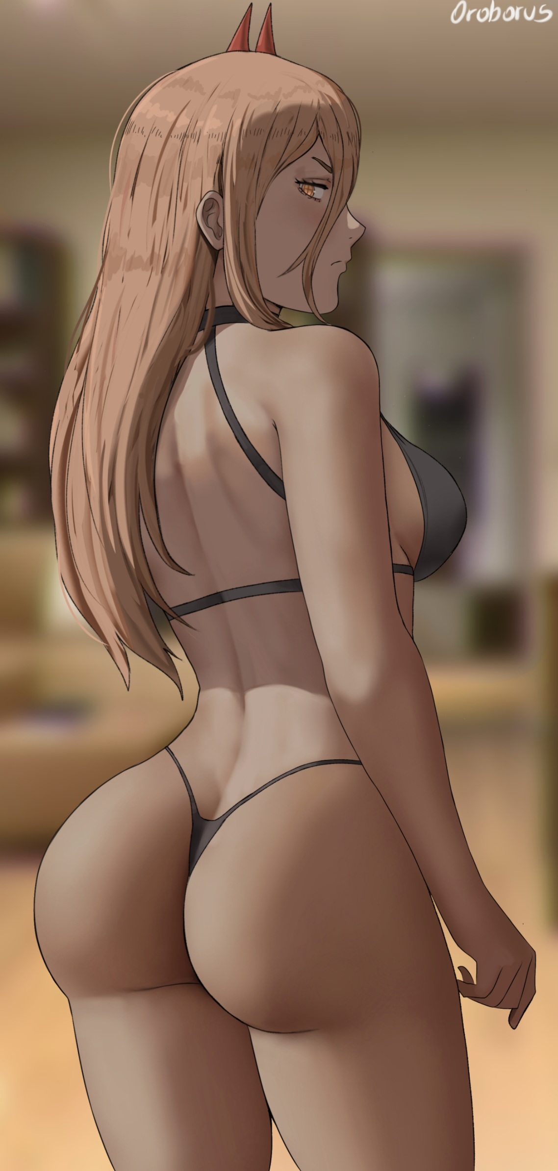 1girls, ass, ass cleavage, ass crack, back view, big ass, big butt, bikini, blonde hair, breasts, butt crack, chainsaw man, female, female only, horns, indoors, long hair, looking at viewer, looking back, medium breasts, oroborusart, power (chainsaw man), savagexthicc, solo, solo female, thick ass, thong bikini