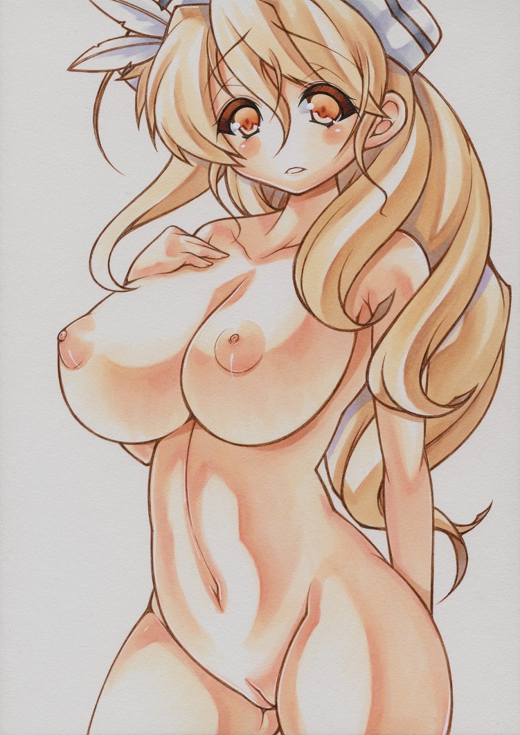 1girls abs big_breasts blonde_hair blush breasts cleavage cleft_of_venus graphite_(medium) hat kantai_collection large_breasts littorio_(kantai_collection) long_hair looking_at_viewer marker_(medium) millipen_(medium) nipples nude orange_eyes pussy solo traditional_media uncensored yutakasan-love