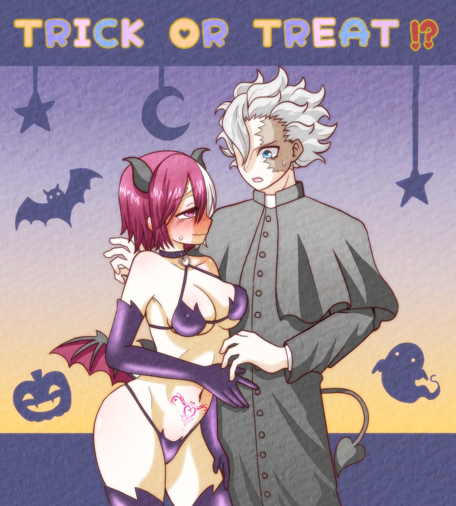 1boy 1girls belaf blush burn_scar choker cleavage demon_girl demon_horns demon_tail demon_wings elbow_gloves embarrassed facial_scar female gloves halloween halloween_costume halterneck horns iensabyss looking_at_another made_in_abyss male medium_breasts nervous nipple_bulge pink_hair priest pubic_tattoo revealing_clothes scar short_hair smile succubus sweatdrop two_tone_hair vueko wavy_mouth