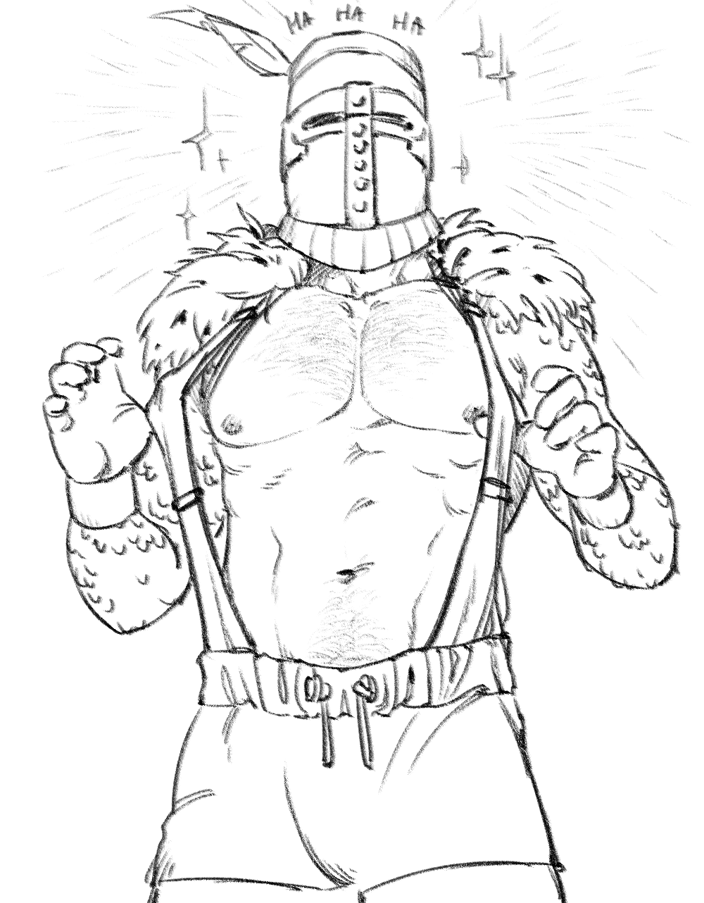 bara barazoku bare_chest big_pecs body_hair chest_hair dark_souls fatiguemonger fromsoftware gym_shorts happy_trail helmet laugh male male_only masked masked_male monochrome muscular muscular_male open_shirt pecs shorts sketch solaire_of_astora solo suspenders