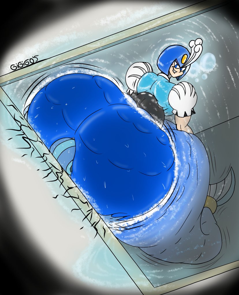 1boy 1girls ass_bigger_than_head ass_focus big_ass big_butt biting_lip blue_eyes butt_crush capcom female gigigo huge_ass huge_butt looking_back mega_man mega_man(classic) mega_man_(character) mermaid rockman splash_woman swimming thick_ass wide_hips