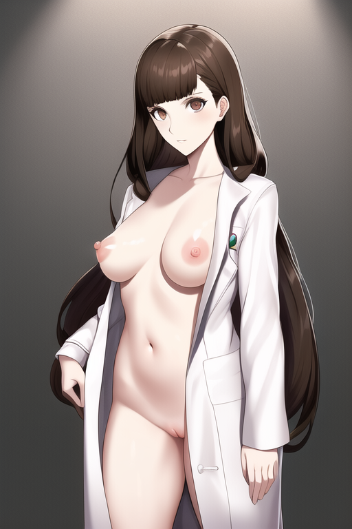 1girls ai_generated breasts brown_eyes brown_hair human kuon_ichinose long_hair nai_diffusion naked_coat nipples persona persona_5 persona_5_scramble:_the_phantom_strikers pussy stable_diffusion white_coat