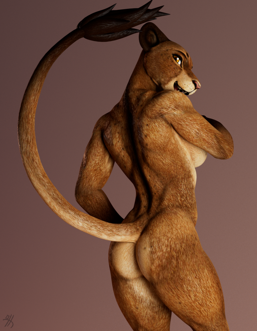 3d_(artwork) anthro ass athletic digital_media_(artwork) felid female fur jorie_(thirteeenth) lion mammal multicolored_body multicolored_fur muscular muscular_female nude orange_body orange_eyes orange_fur pantherine simple_background solo thirteeenth two_tone_body two_tone_fur