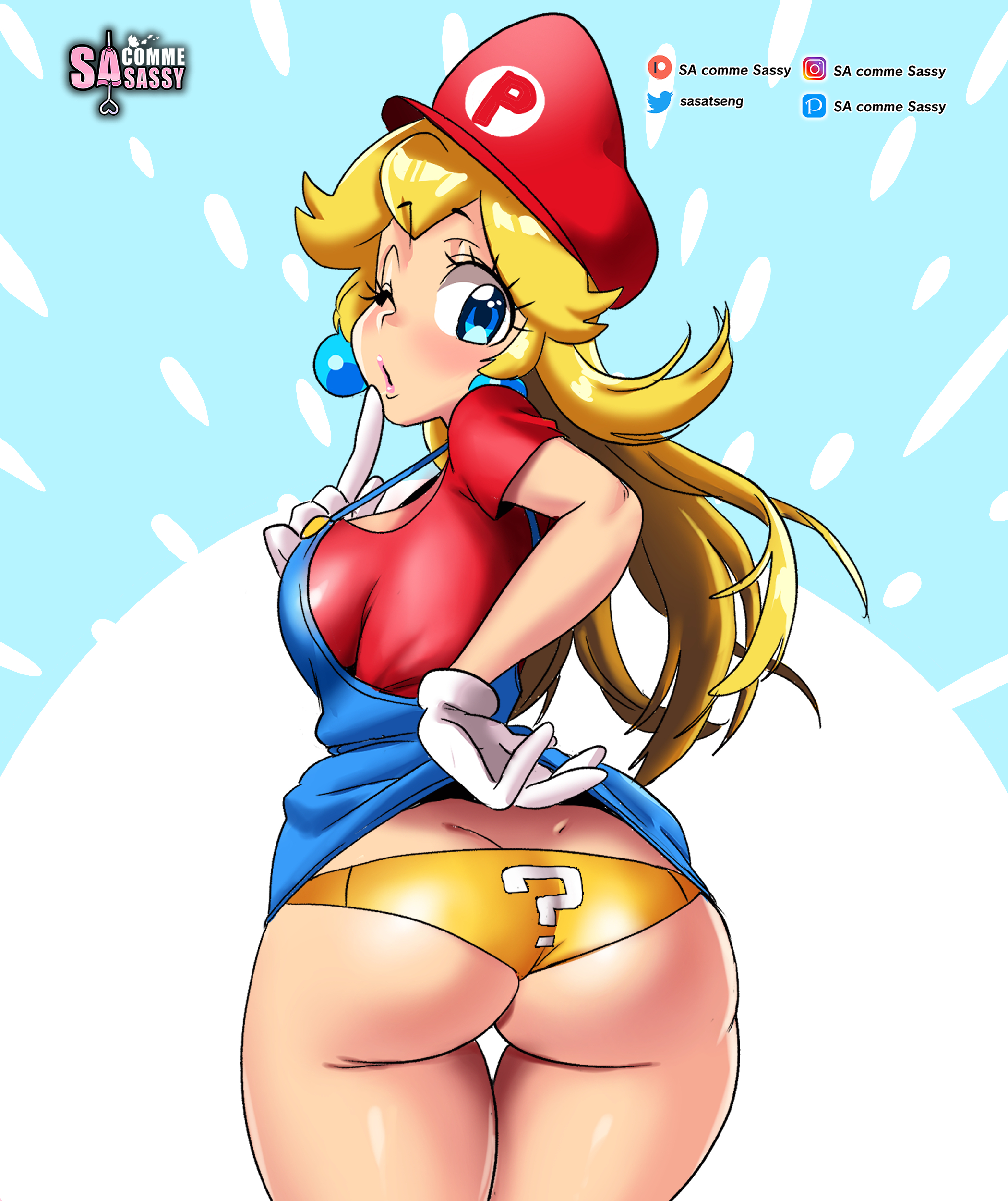 1girls, armwear, ass, big ass, big breasts, blonde hair, blue eyes, blue overalls, breasts, clothing, cosplay, dungarees, earrings, female, female only, hair, hat, headwear, hips, huge ass, lips, lipstick, long hair, mario (cosplay), mario (series), one eye closed, overalls, panties, pink lips, pink lipstick, princess peach, red shirt, sasatseng, shirt, solo, solo female, thighs, white gloves, wide hips, yellow panties