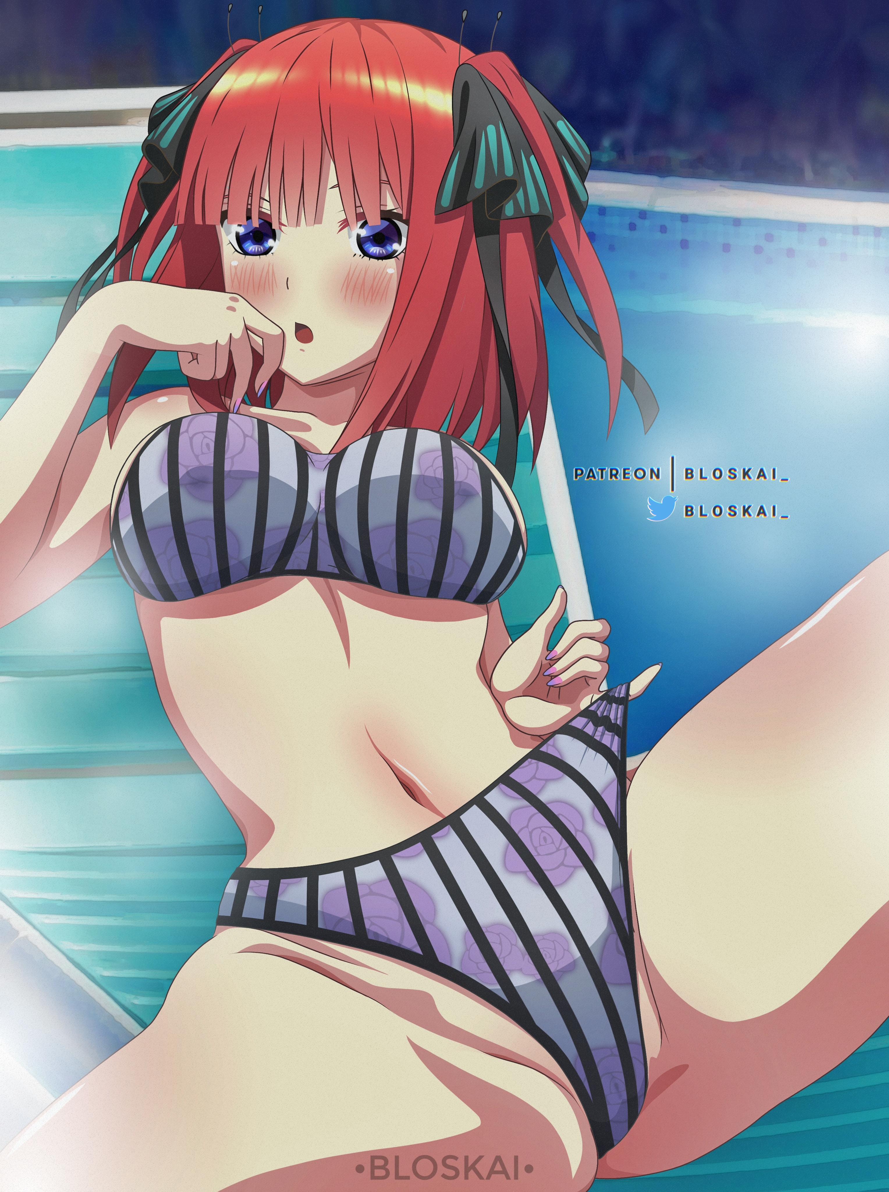 1girls, bikini, bloskai, blue eyes, blush, female, go-toubun no hanayome, hi res, highres, nakano nino, pool, posing, red hair