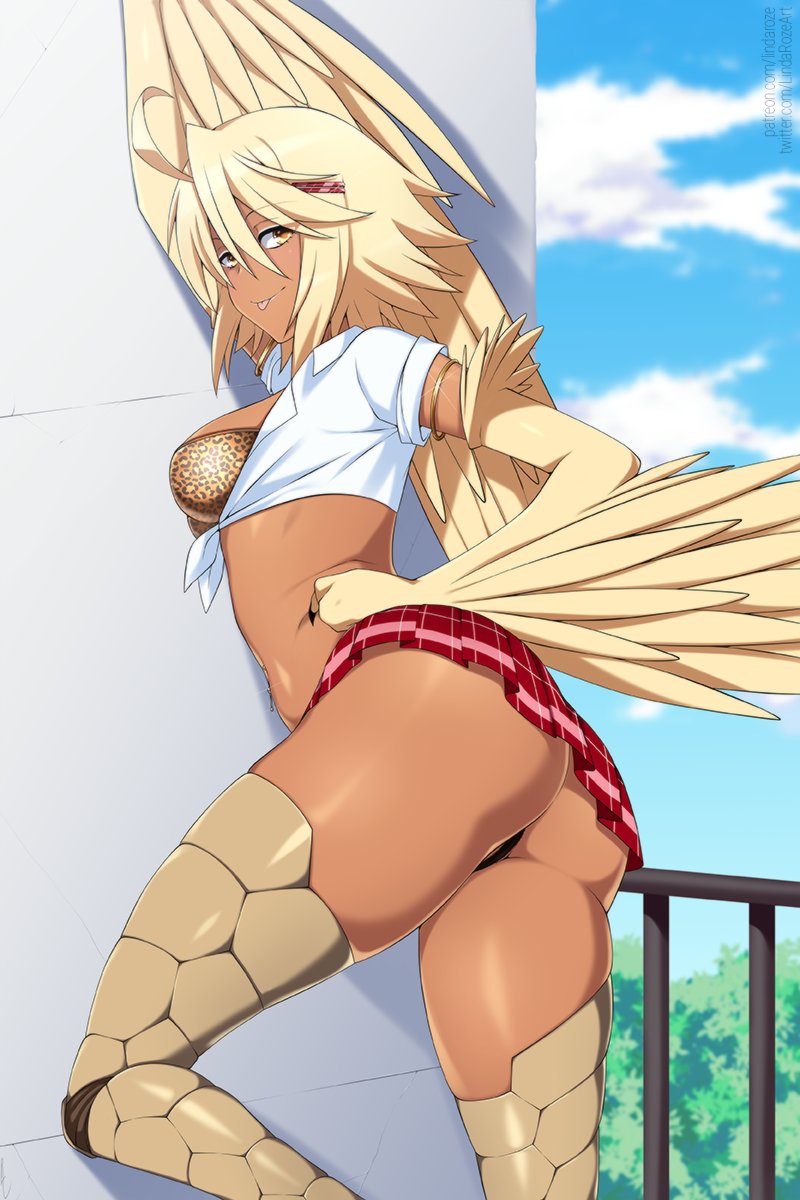 1girls, ass, big ass, big butt, blonde, blonde hair, bra, breasts, cheetah print, clothed, clothes, clothing, crop top, female, gyaru, hair clip, hair ornament, harpy, jewelry, large ass, large butt, lindaroze, midriff, monster girl, monster musume no iru nichijou, panties, papi (monster musume), school uniform, scuted legs, short skirt, skimpy, skimpy clothes, skirt, solo, solo female, tan skin, thick thighs, thighs, tongue, tongue out, wings