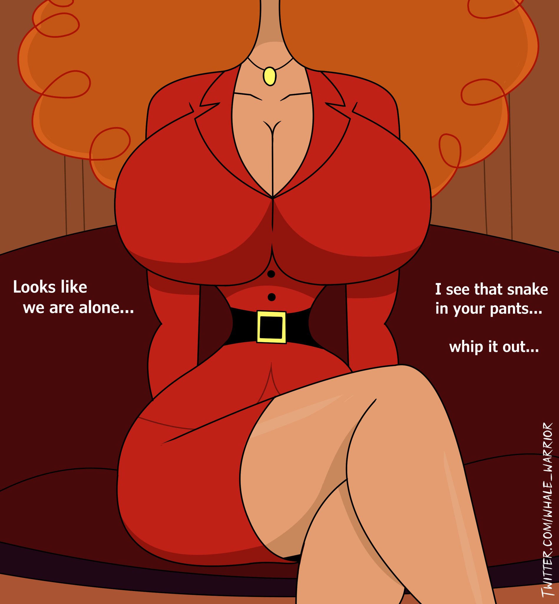 1girls, big breasts, breasts, cartoon network, curly hair, female, hourglass figure, huge breasts, orange hair, powerpuff girls, puffy hair, sara bellum, solo, solo female, talking to viewer, whalewarrior123z