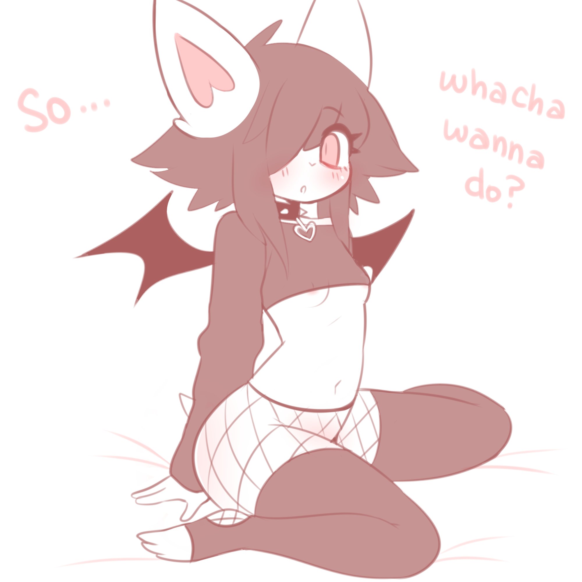 1girls, 2022, anthro, areola slip, areolae, asphodel, bat (anthro), bat girl, bat wings, black hair, breasts, collar, crop top, english text, female, fishnets, furry, hair over one eye, looking at viewer, navel, original, red eyes, sataenart, sitting, small breasts, spiked collar, tagme, text, thighhighs, thighs, toeless legwear, wariza, wings