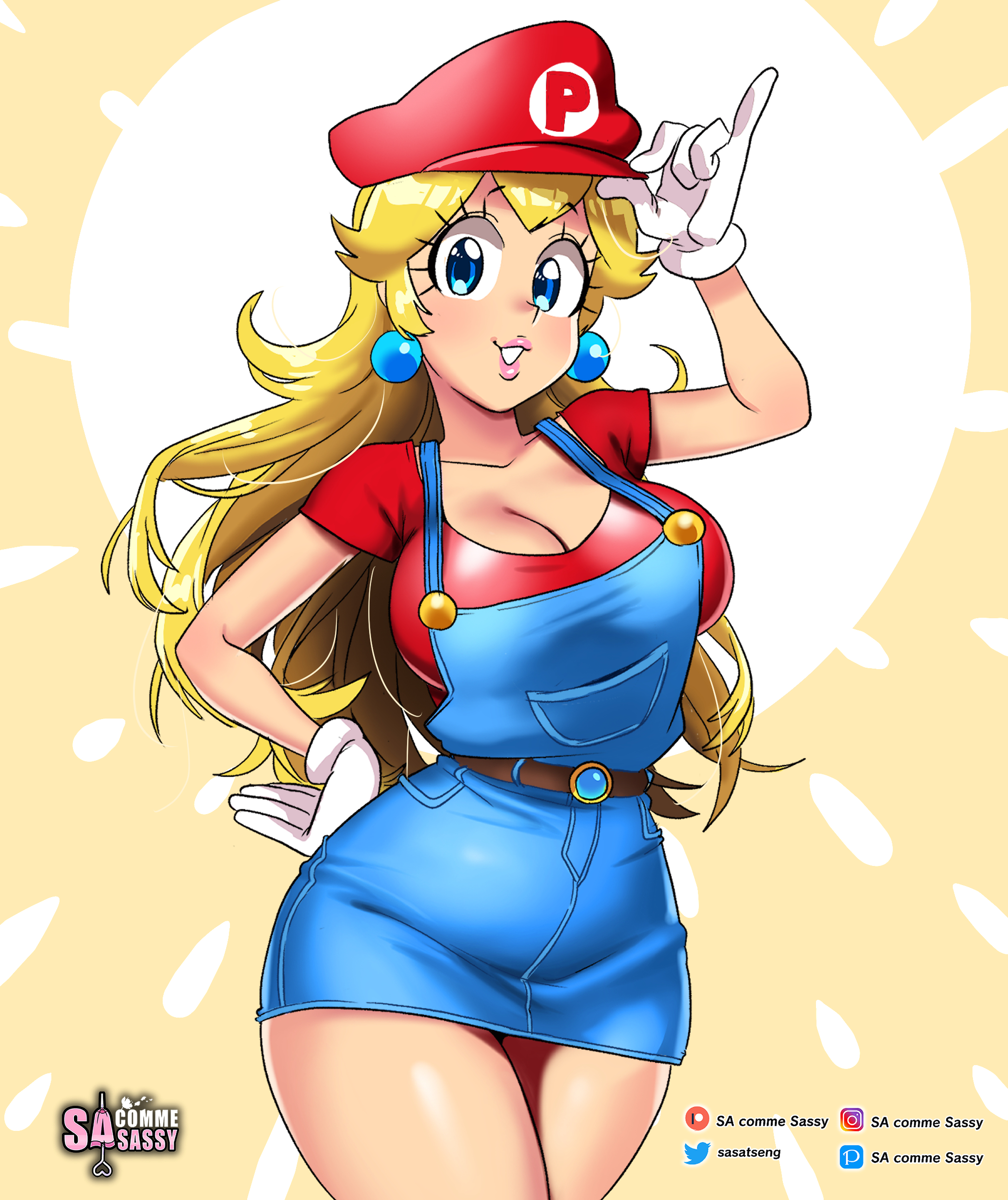 1girls, armwear, big breasts, big lips, blonde hair, blue eyes, blue overalls, breasts, cleavage, clothing, cosplay, dungarees, earrings, female, female only, hair, hat, headwear, hips, lips, lipstick, long hair, mario (cosplay), mario (series), overalls, pink lips, pink lipstick, princess peach, red shirt, sasatseng, shirt, solo, solo female, thick lips, white gloves, wide hips