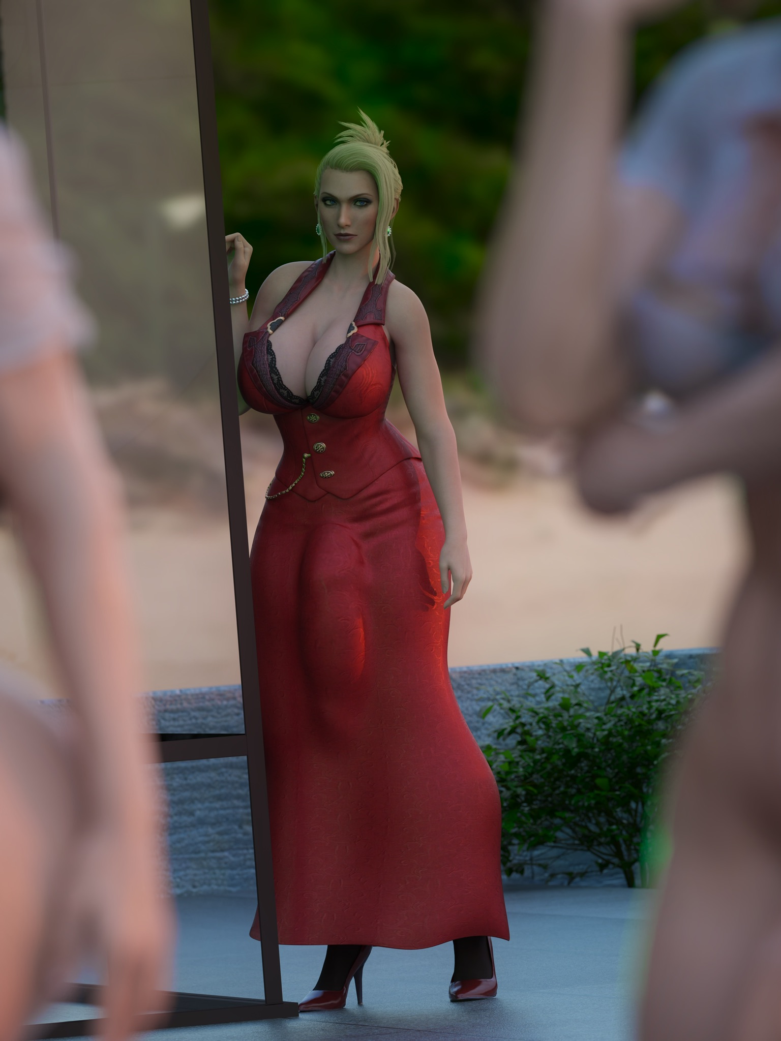 3d, 3futas, blonde hair, breasts, bulge, bulge through clothing, erection under clothes, final fantasy, final fantasy vii, fully clothed, futa only, futanari, huge bulge, huge cock, intersex, large breasts, light skin, light-skinned futa, penis, red dress, salamandraninja, scarlet (ffvii)
