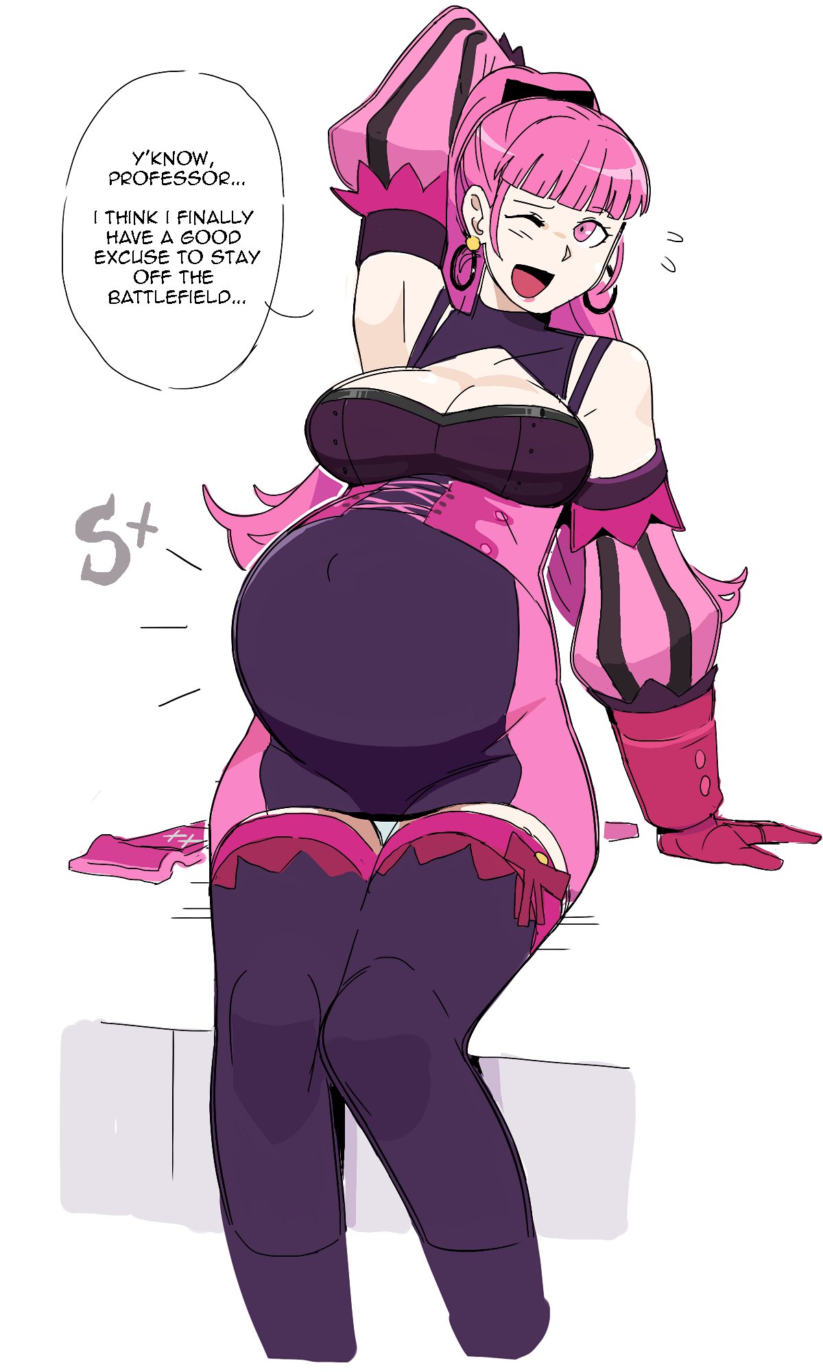 1girls, dr-worm, english text, female, female only, fire emblem, fire emblem: three houses, hilda valentine goneril, intelligent systems, lewdlemage, nintendo, pink hair, ponytail, pregnant, ready to pop, solo, text