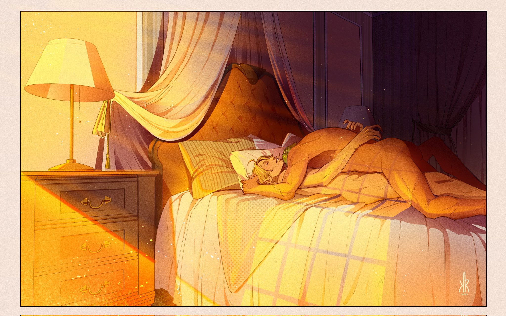 2boys, bedroom, blonde hair, completely nude, detailed background, gay, intimate, kepler xx, lying on person, male, male only, morning, morning after, nude, on back, on bed, one piece, roronoa zoro, scars, sleeping, vinsmoke sanji, wholesome, yaoi
