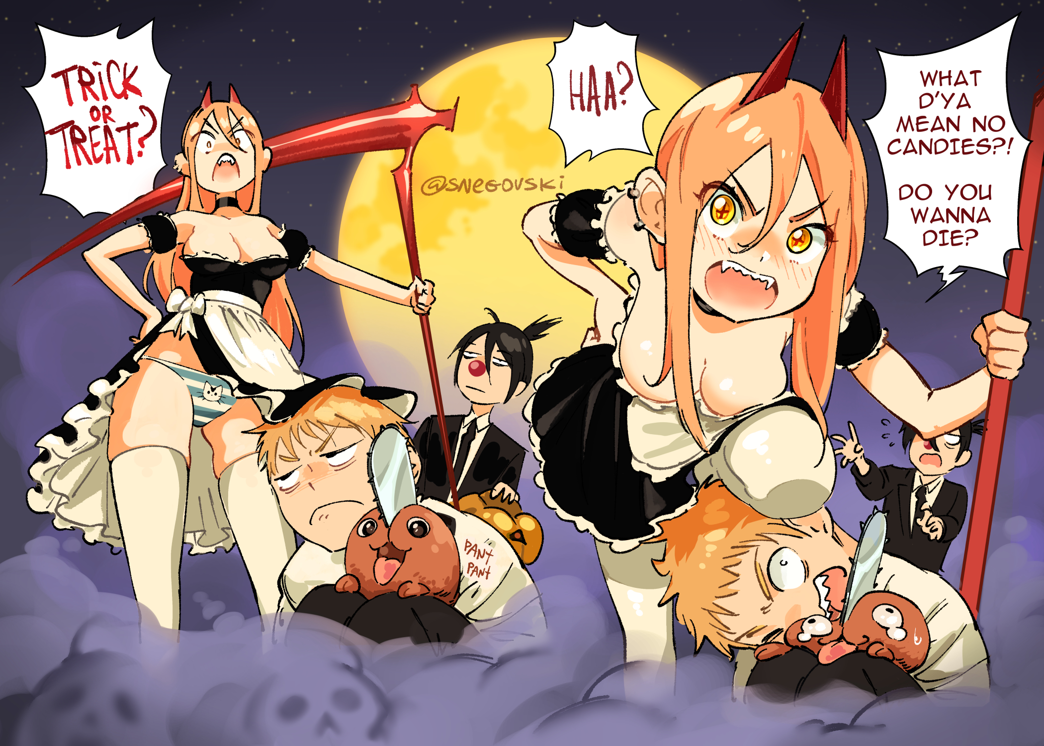 1girls, 3boys, angry, angry face, big breasts, breasts, chainsaw man, cleavage, cute, denji (chainsaw man), dialogue, english, english text, female, halloween, halloween costume, hayakawa aki, maid, maid headdress, maid uniform, male, panties, pochita (chainsaw man), power (chainsaw man), sharp teeth, shounen jump, snegovski, trick or treat, upskirt