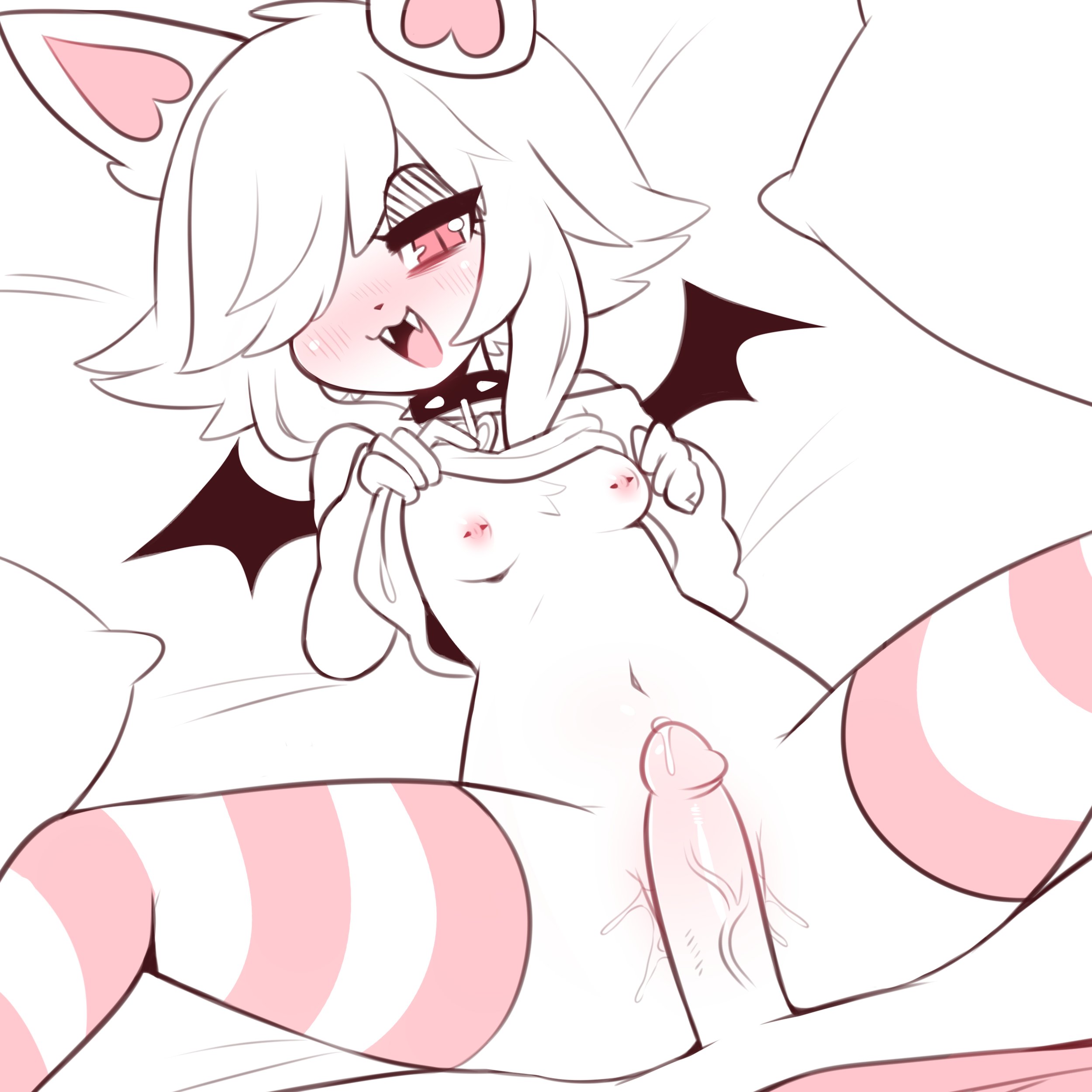 1boy, 1girls, 2022, anthro, asphodel, bat (anthro), bat girl, bat wings, blush, breasts, collar, duo, fangs, female, furry, hair over one eye, imminent sex, lying, male, nipple piercing, nipples, on back, on bed, open mouth, original, penis, piercing, precum, pussy, pussy juice, red eyes, sataenart, small breasts, spiked collar, spread legs, striped legwear, sweater, sweater lift, tagme, thighhighs, wings
