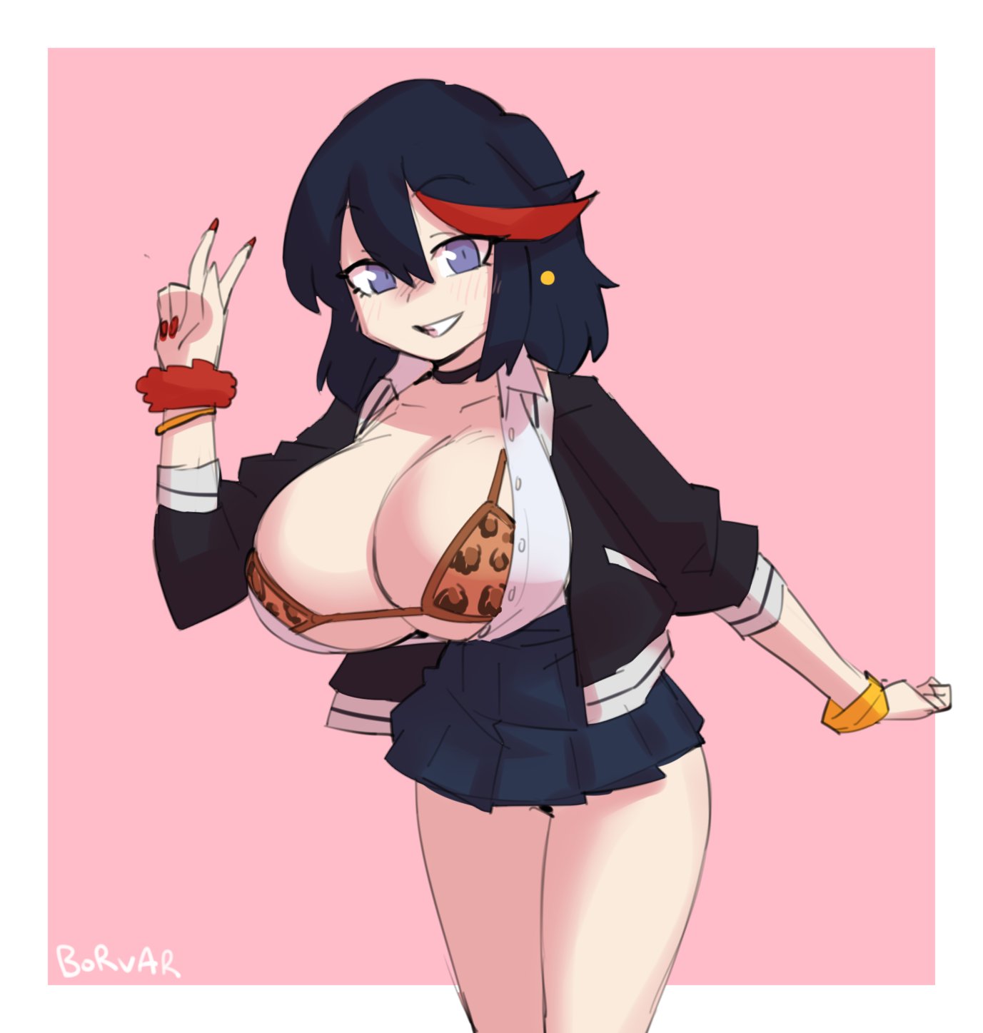 1girls, bare legs, bikini, bikini top, bikini top under clothes, black hair, blue eyes, borvar, breasts, female, gyaru, huge breasts, kill la kill, large breasts, leopard print, leopard print bikini, light skin, light-skinned female, matoi ryuuko, school uniform, short hair, short skirt, skirt