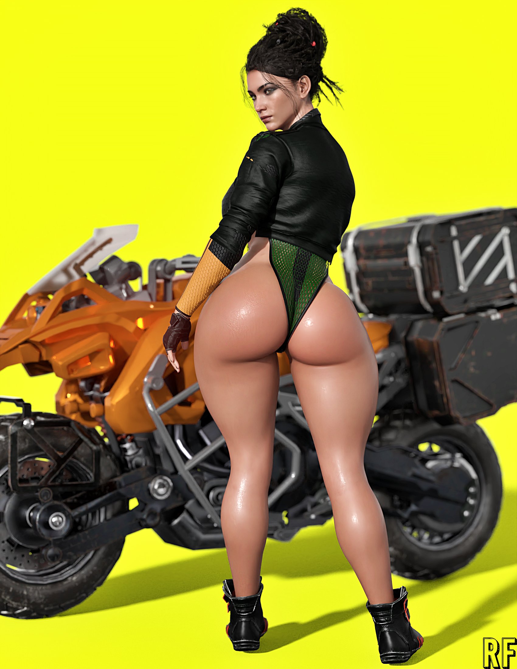3d, ass, big ass, big breasts, black hair, breasts, cd projekt red, choker, cyberpunk 2077, dark skin, dark-skinned female, female, motorcycle, panam palmer, patreon username, rude frog, simple background, thick ass, thick thighs, voluptuous, wide hips