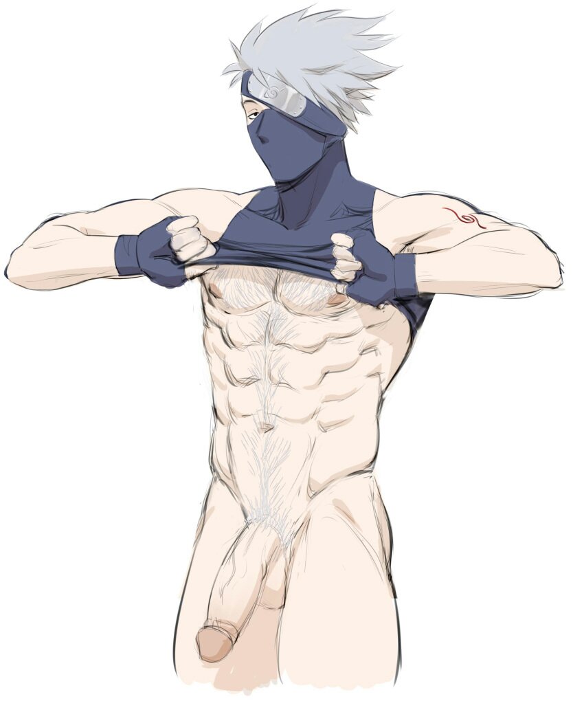 1boy bara fingerless_gloves grey_hair grey_pubic_hair hatake_kakashi male_only masked_male muscular_male naruto pectorals pubic_hair shirt_up