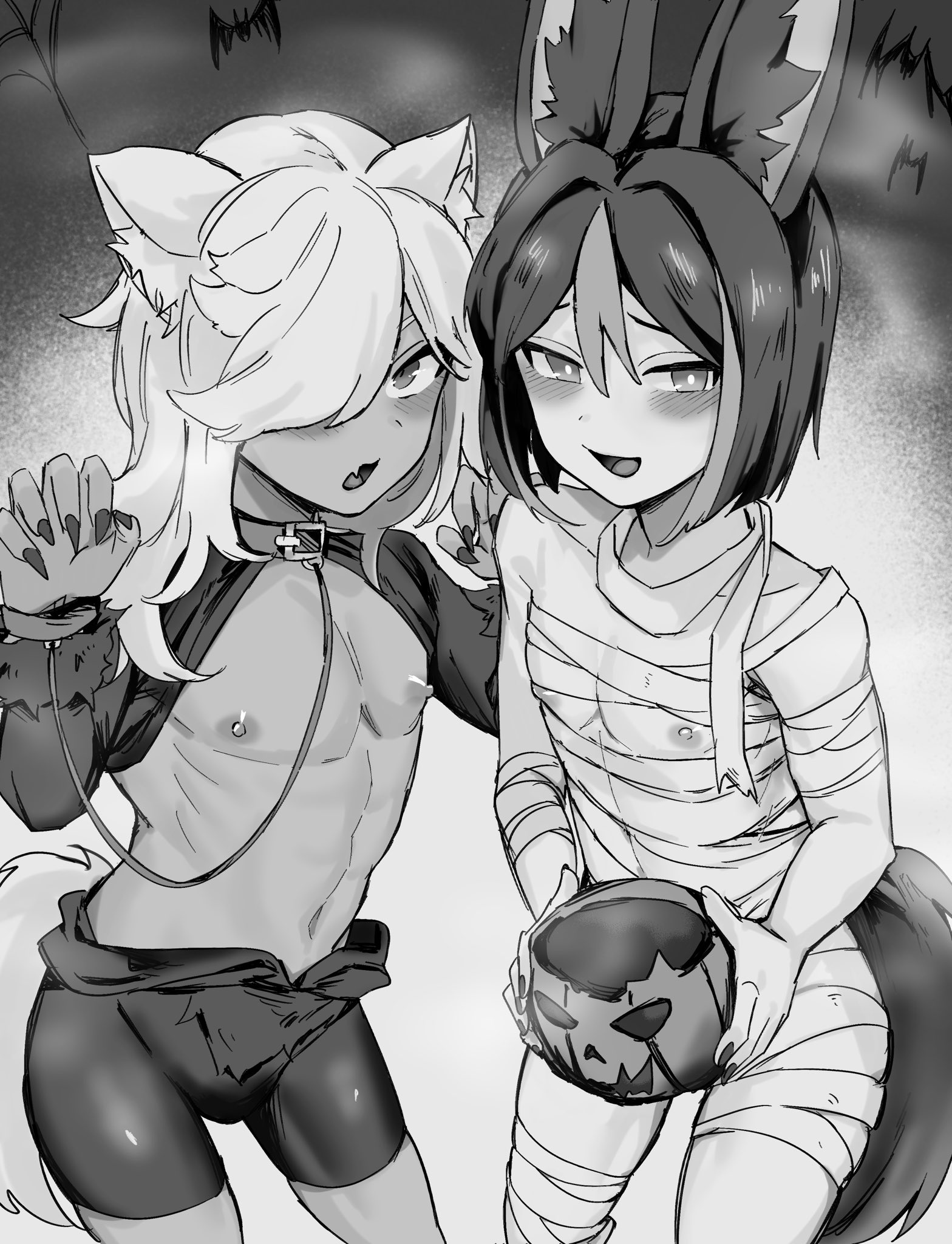 2boys, blush, cyno (genshin impact), dark skin, dark-skinned femboy, dark-skinned male, dark-skinned sissy, dark-skinned twink, femboy, genshin impact, girly, halloween, hamidemachi, light skin, light-skinned femboy, light-skinned male, male, male only, monochrome, multiple boys, mummy costume, otoko no ko, otokonoko, tighnari (genshin impact), tomgirl, trap
