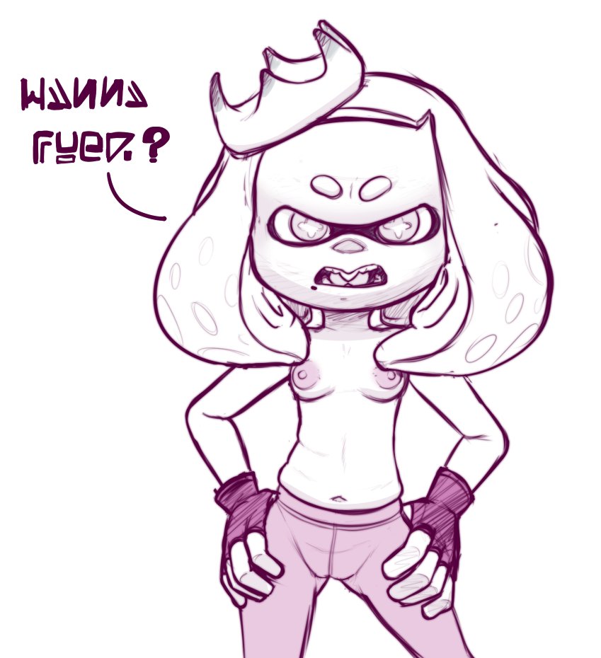 2022 animal_humanoid areola breasts camel_toe cephalopod cephalopod_humanoid clothed clothing dialogue female hexanne humanoid inkling inkling_language inviting_to_sex marine marine_humanoid mollusk mollusk_humanoid monochrome navel nintendo nipples open_mouth pearl_(splatoon) pseudo_hair solo splatoon talking_to_viewer tentacle tentacle_hair topless video_games