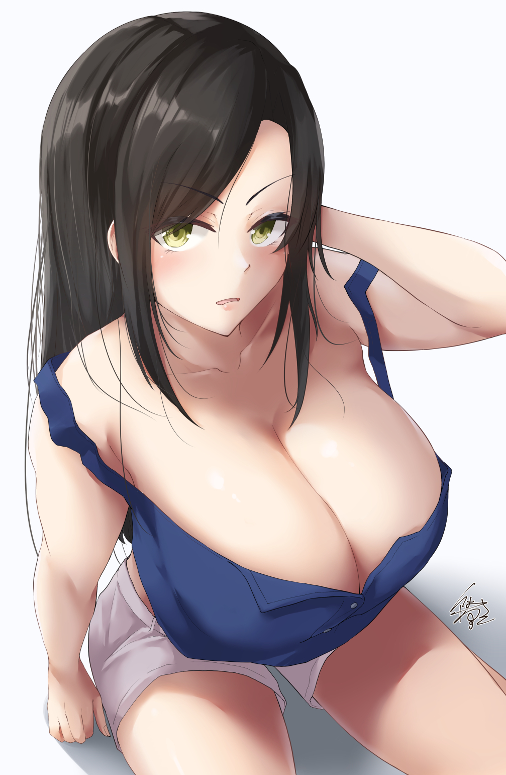 1girls bangs bare_shoulders black_hair blue_shirt blush breasts cleavage collarbone commentary female female_only from_above green_eyes hand_up highres huge_breasts ibara_azuki_(azk_ibr2nd) idolmaster idolmaster_cinderella_girls light-skinned_female light_skin long_hair looking_at_viewer looking_up mukai_takumi parted_lips shirt short_shorts shorts sidelocks signature simple_background sitting sleeveless solo swept_bangs tank_top thighs white_shorts yellow_eyes