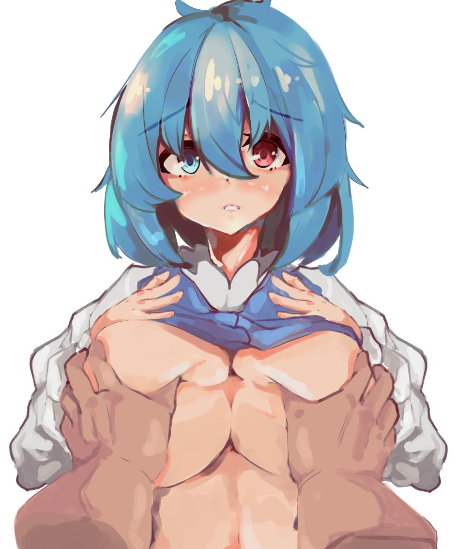 1boy, 1girls, big breasts, blue hair, breasts, breasts grab, female, hands, hands on breasts, kogasa tatara, large breasts, male, shirt, sketch, spy artservice, surprised, team shanghai alice, touhou, two-tone eyes, underboob, youkai