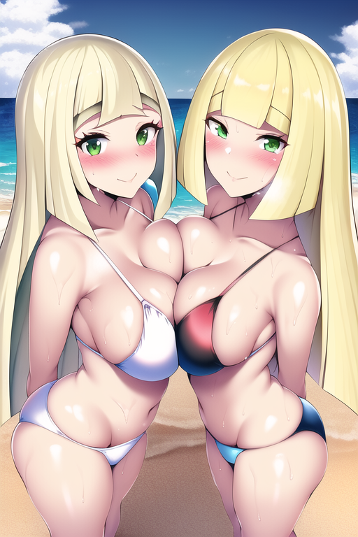 2girls, ai generated, alternate breast size, beach, bikini, blonde hair, blush, breast to breast, breasts, female, female only, game freak, green eyes, hips, large breasts, light skin, light-skinned female, lillie (pokemon), long hair, looking at viewer, lusamine (pokemon), mother and daughter, nai diffusion, nintendo, outdoors, pokemon, pokemon sm, slim waist, smile, stable diffusion, thick thighs, thighs, wide hips