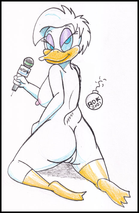 anatid animal_humanoid anseriform anthro ass avian avian_humanoid biped bird blue_eyes breasts daisy_duck disney duck feathers female genitals hair humanoid looking_back nipples nude open_mouth pussy quack_pack reddragonkan short_hair soft_feathers solo traditional_media_(artwork)