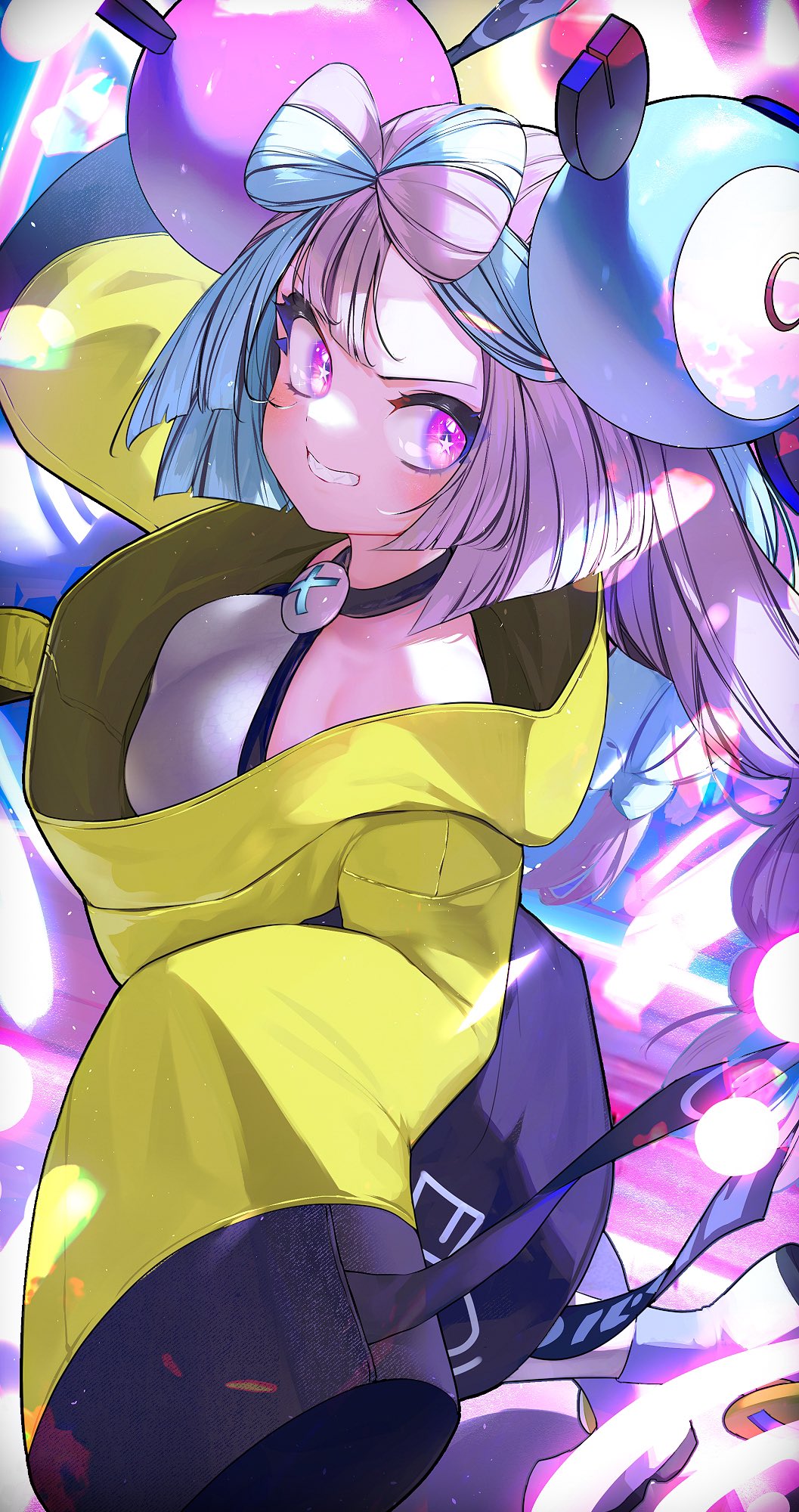 blue hair, female, game freak, gym leader, hizake, iono (pokemon), kashu (hizake), long hair, long sleeves, multicolored hair, nintendo, pink eyes, pink hair, pokemon, pokemon sv, sharp teeth, tagme