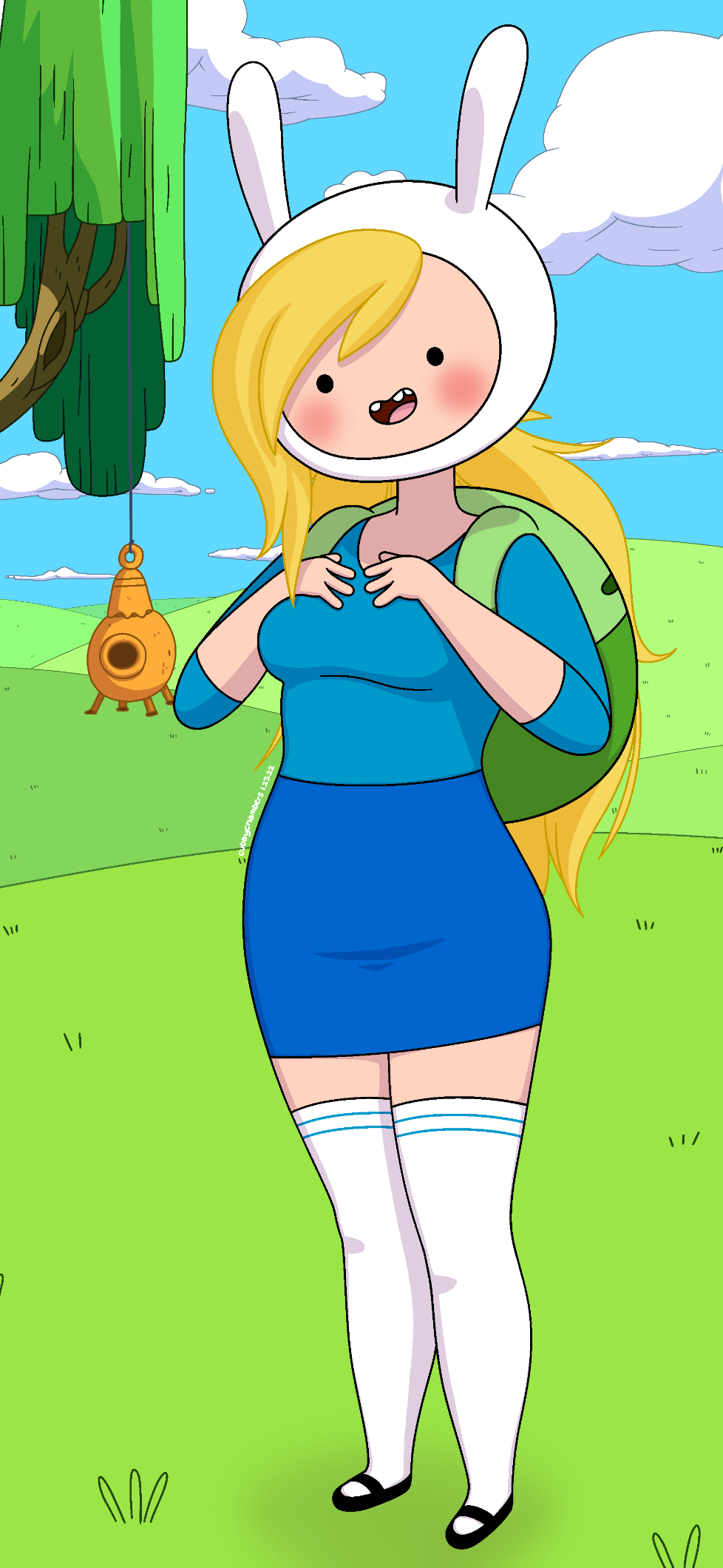 1girls adventure_time backpack blush cartoon_network cubbychambers fionna_the_human_girl full_body fully_clothed grass hat long_hair long_shirt looking_at_viewer medium_breasts outdoors pinup portrait shoes signature skirt socks standing thighhighs tucked_shirt