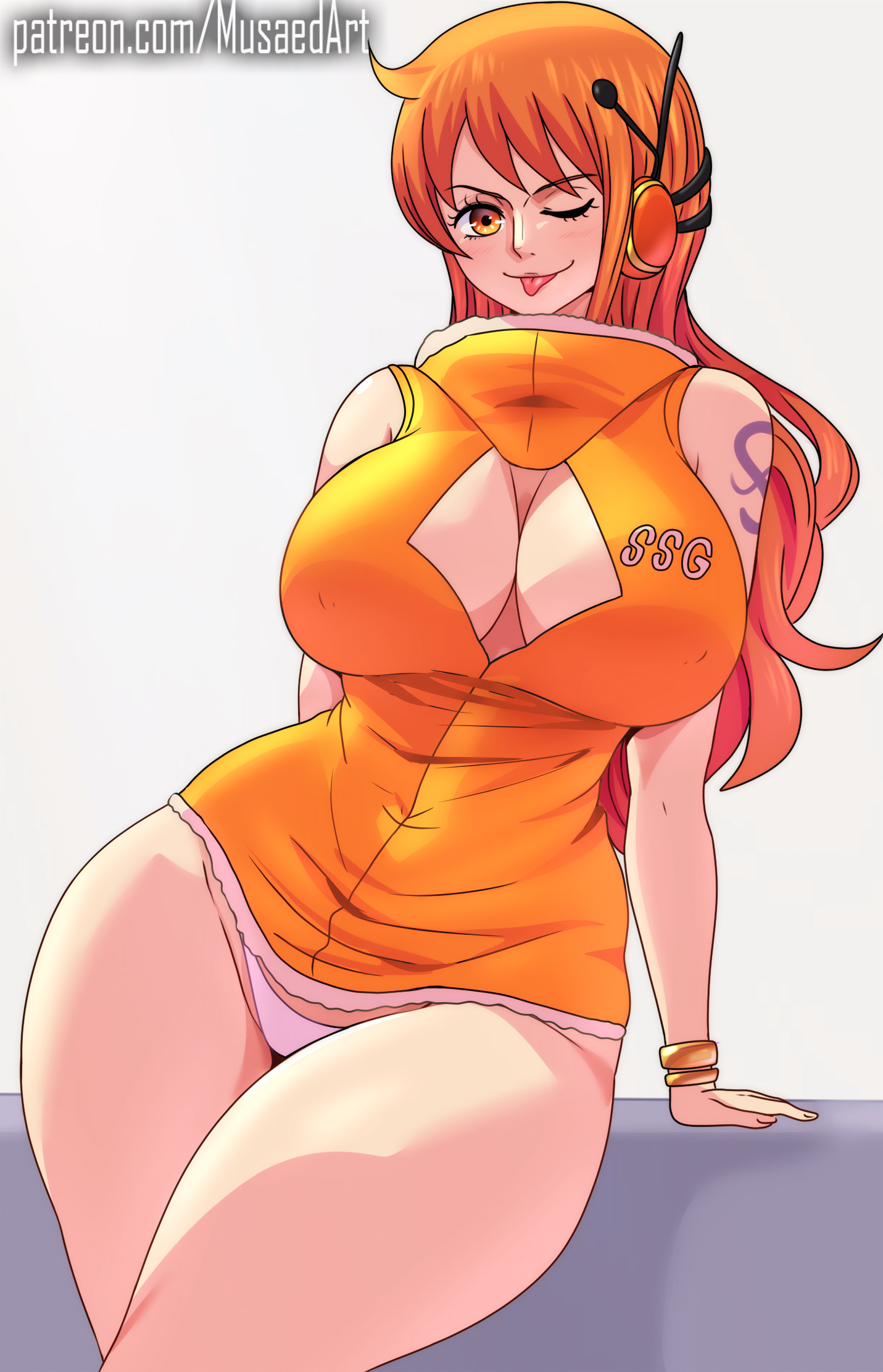 1girls, arm tattoo, artist name, big breasts, blue tattoo, breasts, cute, egghead, female, female only, huge breasts, huge thighs, looking at viewer, musaed art, nami (one piece), no pants, one piece, one piece: egghead arc, orange hair, orange-haired female, panties, post-timeskip, solo, tattoo, thick thighs, thighs, winking, winking at viewer