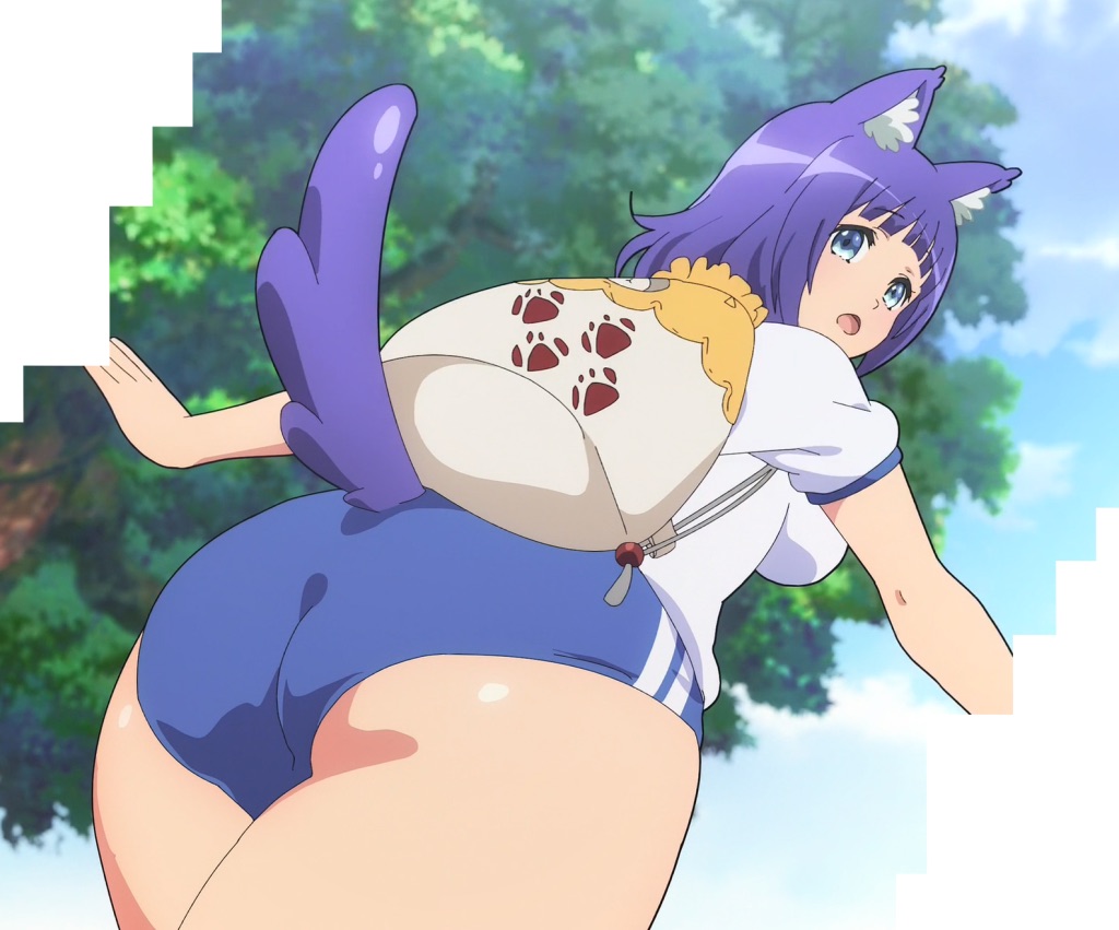 2022, animal ears, animal tail, ass, big ass, bike shorts, black shorts, buruma, cat ears, female, futoku no guild, gym clothes, gym uniform, hitamu kyan, looking at viewer, looking back, monster girl, official art, purple hair, screencap, screenshot, shorts, spats, thick thighs, thighs, tnk (company)