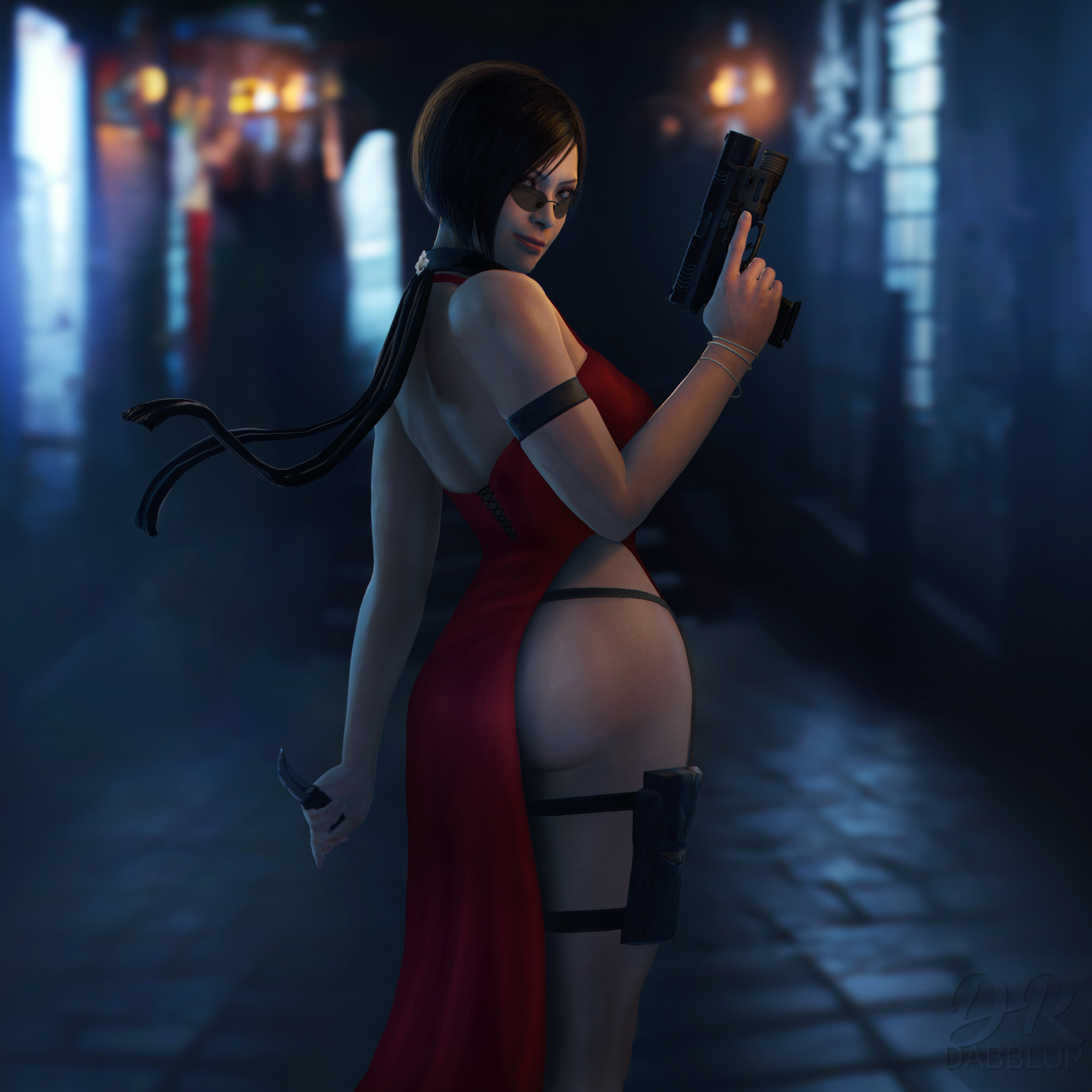 1girls, 3d, ada wong, ada wong (adriana), ass, big ass, black hair, breasts, clothing, drdabblur, female, female only, firearm, gun, handgun, human, knife, legwear, looking at viewer, looking back, looking over eyewear, looking over glasses, looking over sunglasses, pale skin, partially clothed, red dress, resident evil, resident evil 2, resident evil 2 remake, resident evil 4, solo, sunglasses, tinted eyewear, weapon