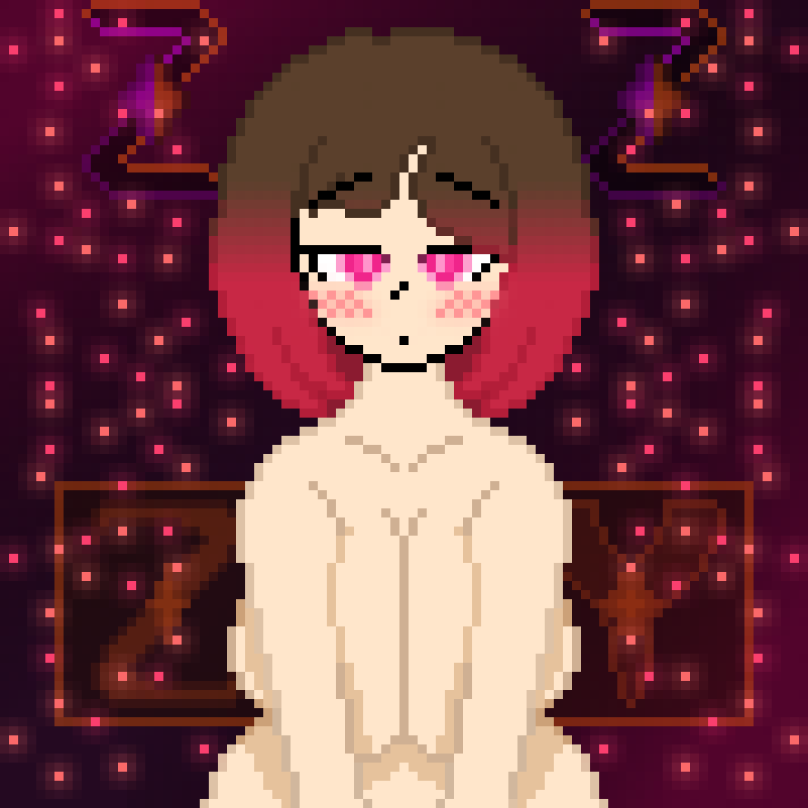 2d bending_over bete_noire big_breasts blush brown_hair glitchtale glowing_eyes huge_breasts pink_eyes pink_hair pink_highlights pixel_art self_upload squished_breasts undertale undertale_(series) undertale_au z!betty zixy