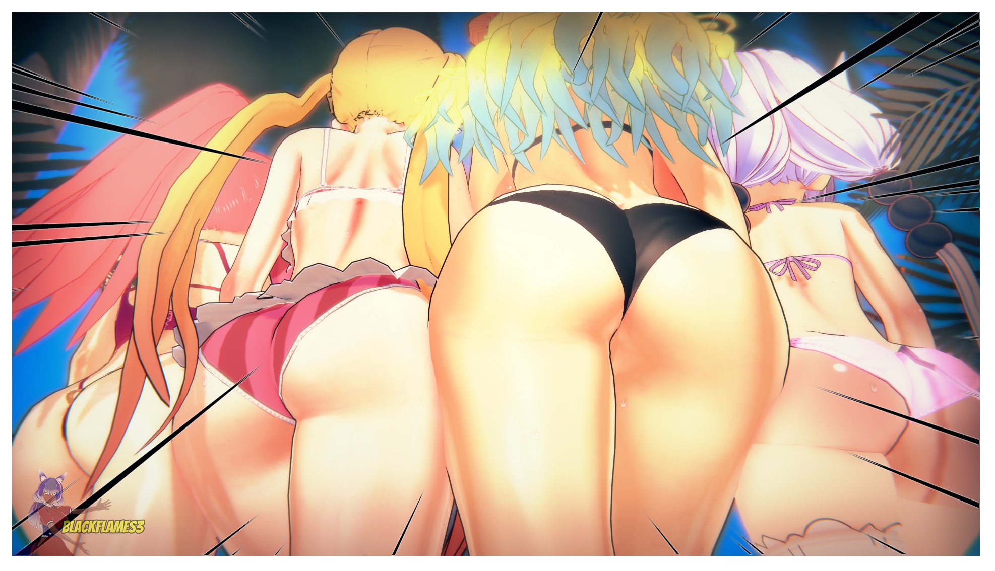 3d, 4girls, ass, ass focus, below view, big ass, big butt, bikini, black bikini, blackflames3, blonde hair, female, female only, green hair, ilulu (dragon maid), kanna kamui, kobayashi-san chi no maidragon, miss kobayashi's dragon maid, pink bikini, ponytail, purple hair, quetzalcoatl (dragon maid), rear view, red hair, striped bikini, thick thighs, tohru (dragon maid), twintails, viewed from below