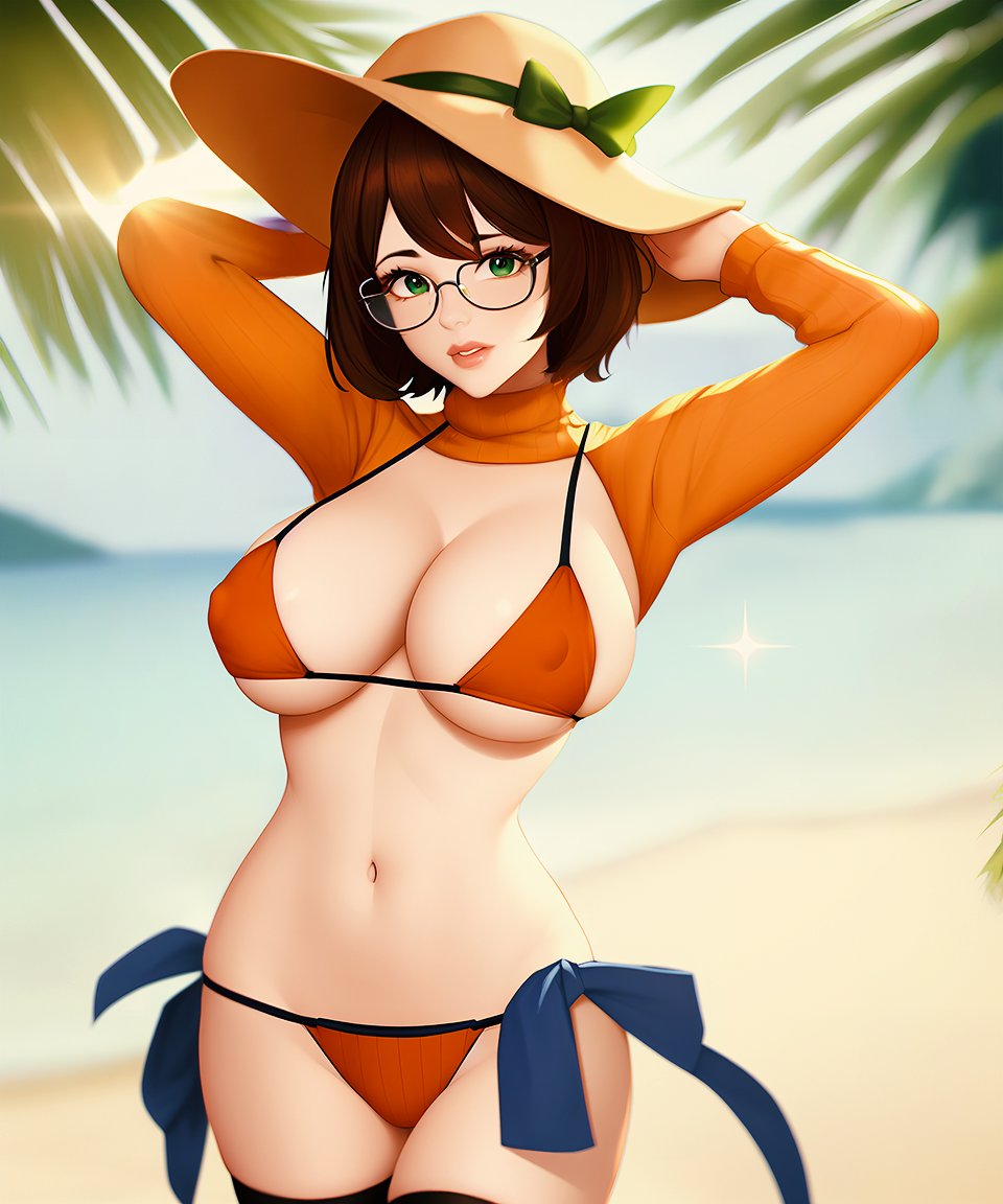 1girls, ai generated, big breasts, bikini, bikini top, breasts, brown hair, cleavage, curvaceous, curvy female, curvy figure, erect nipples, female, female only, glasses, hanna-barbera, hat, highres, looking at viewer, nai diffusion, navel, nipple bulge, nipples, scooby-doo, solo, stable diffusion, sun hat, thong, velma dinkley, voluptuous female
