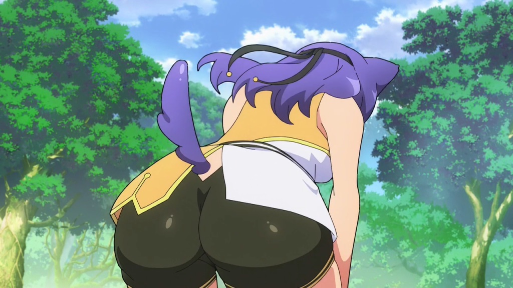 2022, animal ears, animal tail, ass, ass focus, bent over, big ass, bike shorts, black shorts, cat ears, female, futoku no guild, hitamu kyan, monster girl, official art, purple hair, screencap, screenshot, shorts, spats, tail, tnk (company)