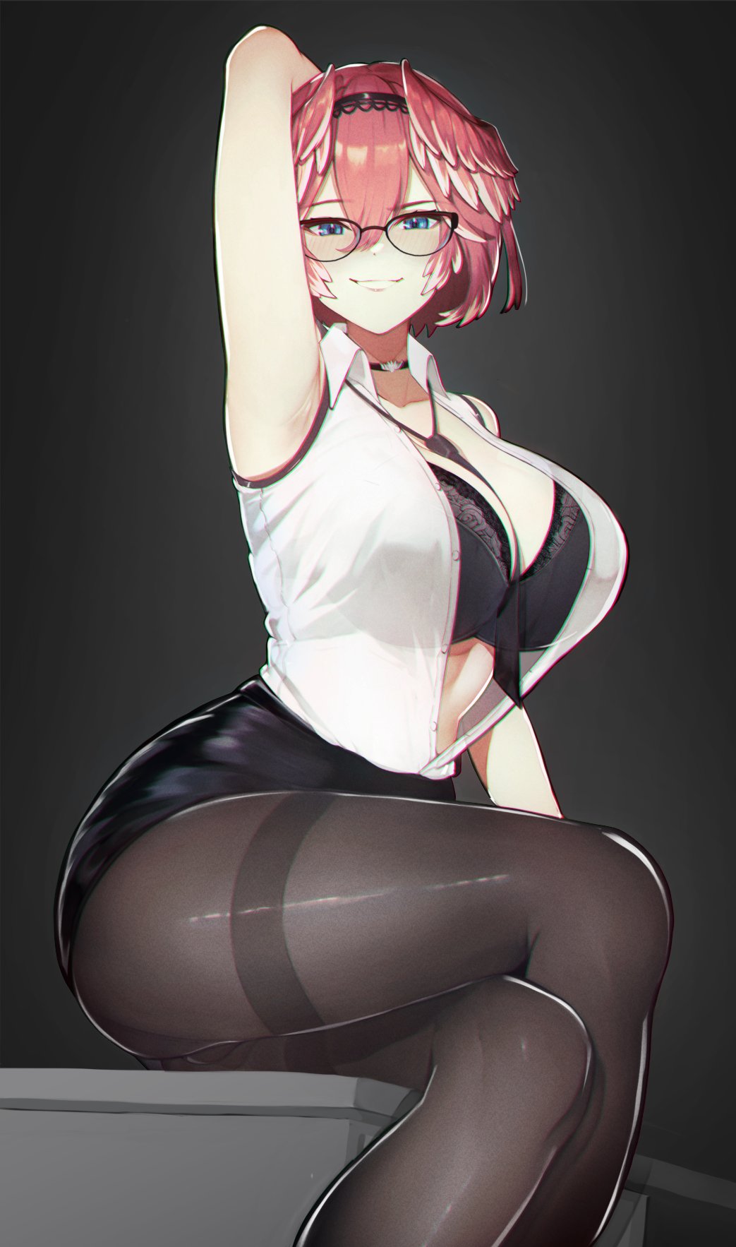 1girls, abs, armpits, big breasts, black lingerie, breasts, female, female focus, female only, glasses, hololive, hololive japan, holox, large breasts, light skin, light-skinned female, necklace, red hair, see-through clothing, short hair, simple background, smile, takane lui, thick thighs, varniskarnis, virtual youtuber
