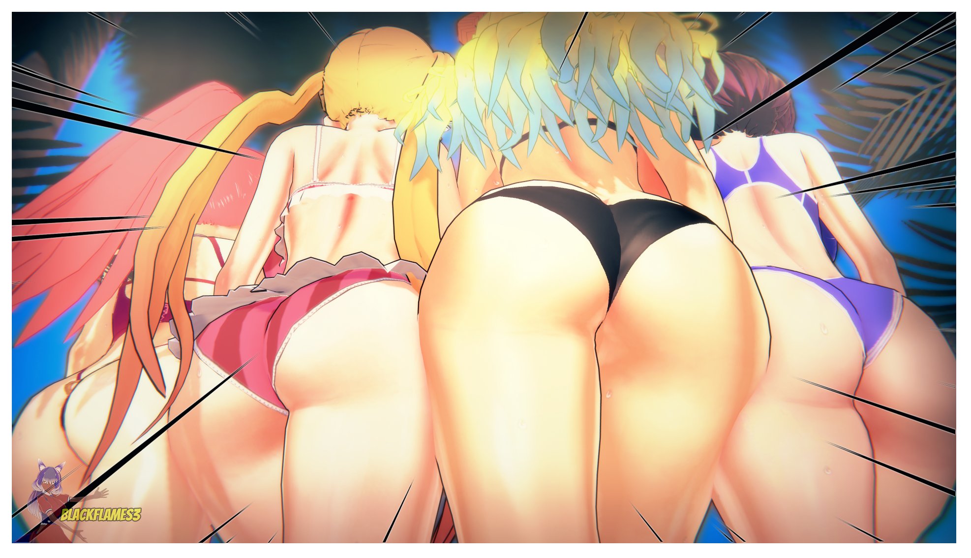 3d, 4girls, ass, ass focus, below view, big ass, big butt, bikini, black bikini, blackflames3, blonde hair, blue bikini, elma (dragon maid), female, female only, green hair, ilulu (dragon maid), kobayashi-san chi no maidragon, miss kobayashi's dragon maid, pink bikini, ponytail, quetzalcoatl (dragon maid), rear view, red hair, short hair, striped bikini, thick thighs, tohru (dragon maid), twintails, viewed from below
