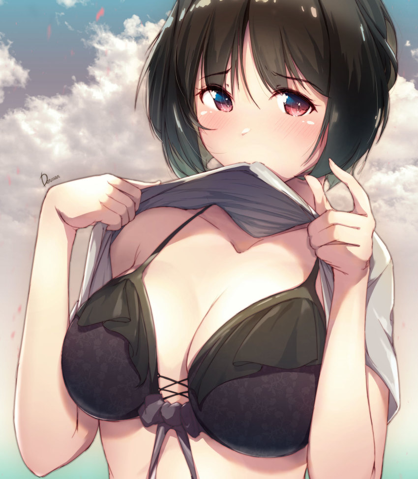 black_bikini black_hair blush cleavage dermar lace-trimmed_bikini original_character red_eyes shirt shirt_lift shy solo_female