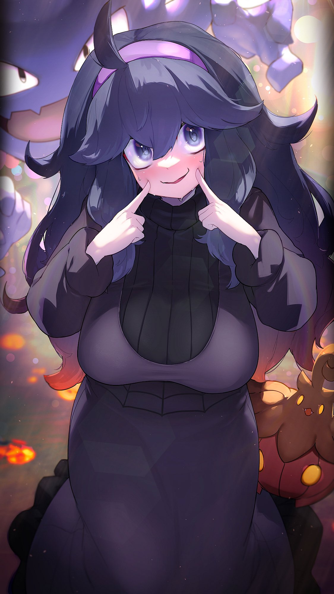1girls, bangs, big breasts, blush, breasts, clothed, female, female focus, fully clothed, game freak, hair between eyes, hex maniac, hex maniac (pokemon xy), hi res, high resolution, highres, hizake, kashu (hizake), large breasts, light skin, light-skinned female, nintendo, open smile, pale skin, pale-skinned female, pokemon, pokemon xy, purple eyes, purple hair, smile, sweatdrop, tagme, wide eyed