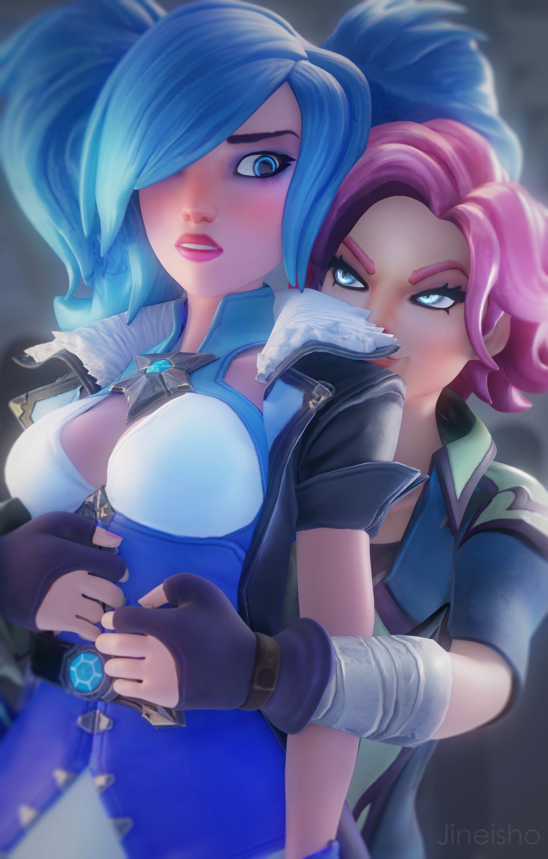 2girls 3d 3d_(artwork) blue_eyes blue_hair cat_eyes clothed clothed_female embarrassed evie_(paladins) female female_only hi-rez_studios jineisho light-skinned_female light_skin maeve_(paladins) paladins pink_hair questionable_consent undressing undressing_partner