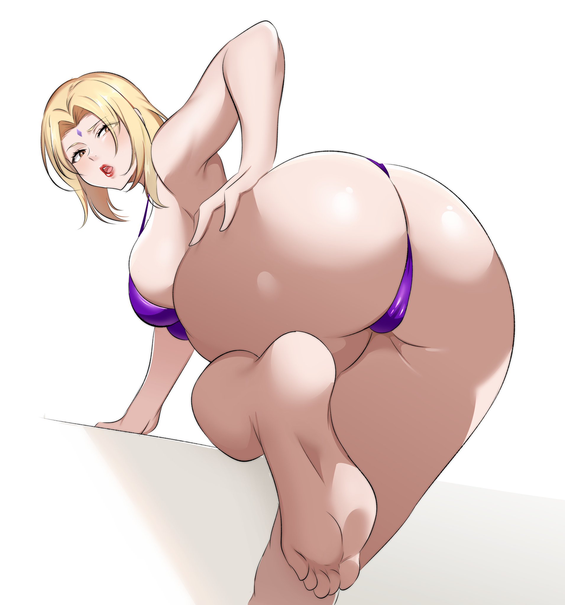 1girls, ass, azmiyudista, barefoot, big ass, bikini, blonde hair, breasts, feet, female, female only, from behind, huge breasts, lipstick, looking at viewer, looking back, makeup, micro bikini, naruto, naruto (series), naruto shippuden, perfect legs, rear view, sideboob, skimpy, skimpy bikini, soles, solo, solo focus, swimsuit, toes, tsunade, voluptuous, zuyuzuyu6
