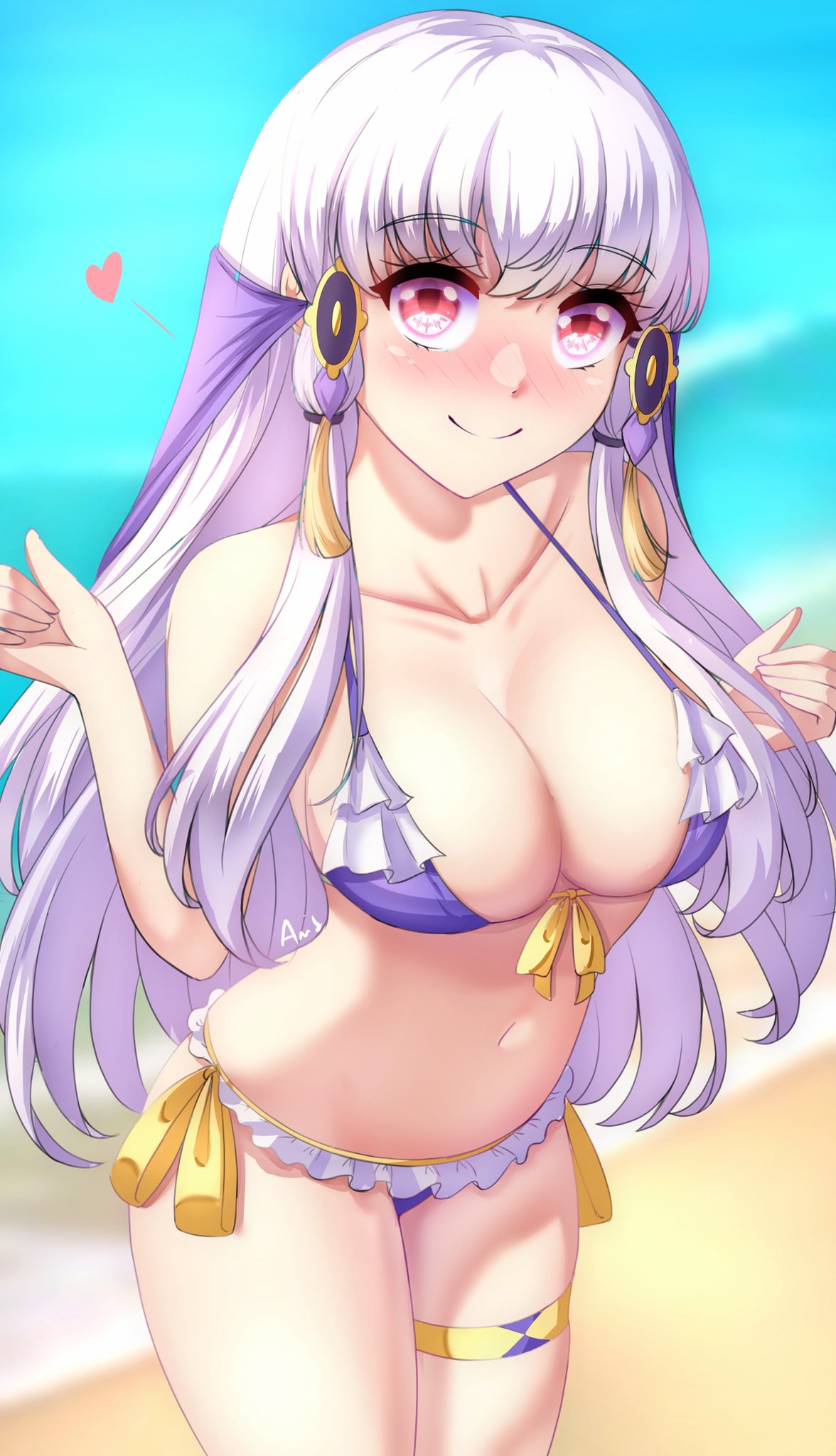 1girls, alternate breast size, alternate costume, anisdrawn, bikini, breasts, female, female only, fire emblem, fire emblem: three houses, looking at viewer, lysithea von ordelia, nintendo, purple bikini, purple eyes, purple swimsuit, solo, swimsuit, white hair