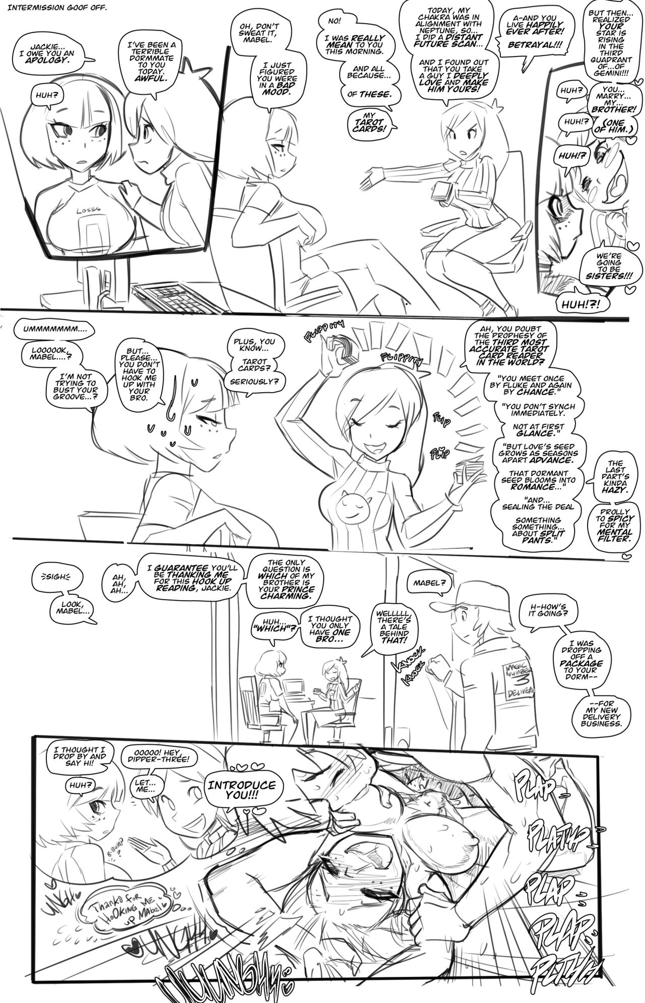 black and white, breast sucking, breastfeeding, breastfeeding during sex, breasts, cards, comic, comic page, crossover, dipper pines, disney, disney channel, disney xd, english text, female, fred perry, gravity falls, human, jackie lynn thomas, mabel pines, sex, star vs the forces of evil, straight hair, tagme, text