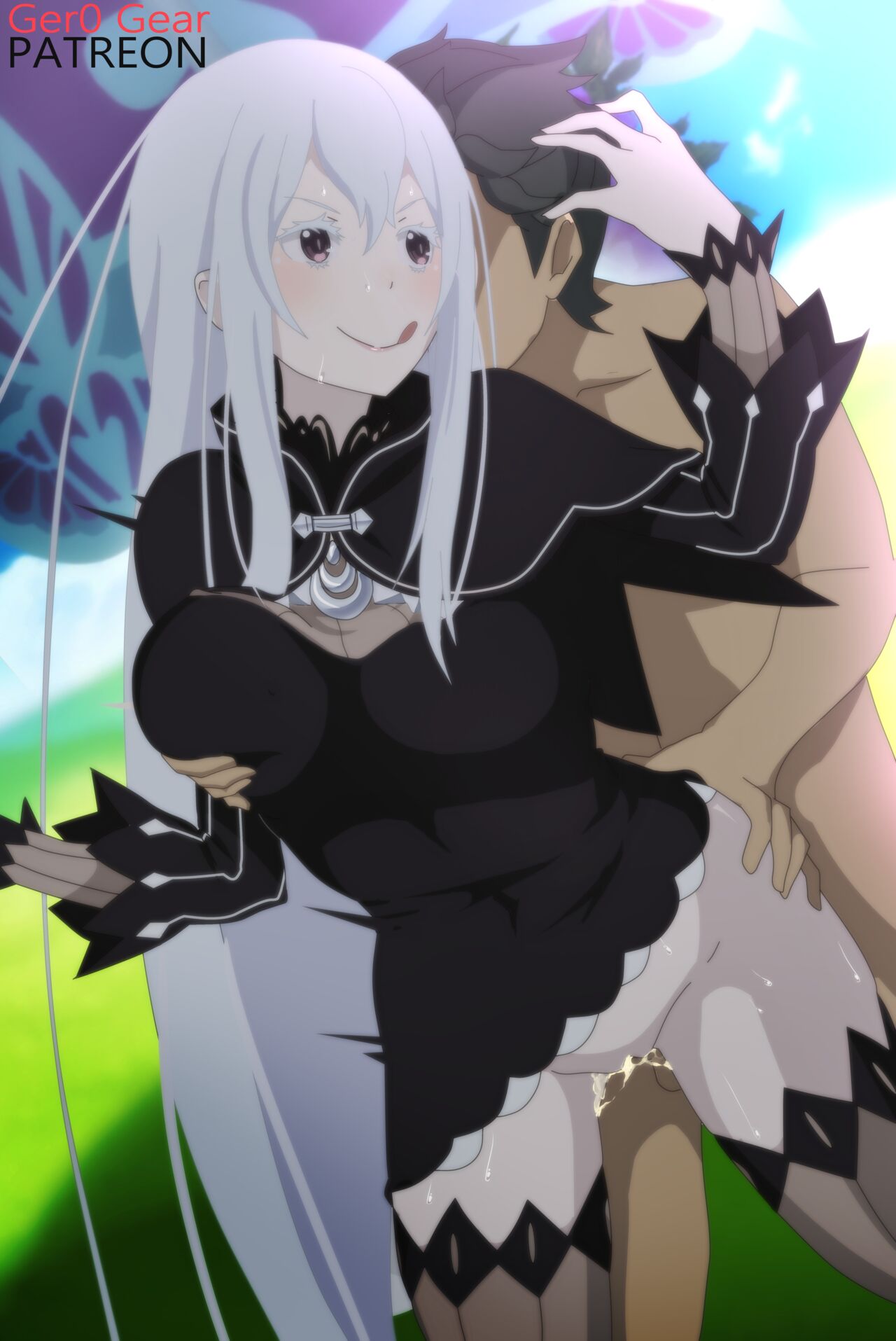 1boy, 1girls, breasts, echidna (re:zero), female, from behind, gear art, male, naked, natsuki subaru, navel, orgasm, re:zero kara hajimeru isekai seikatsu, sex