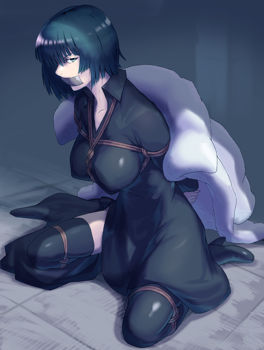arms behind back, arms tied, arms tied behind back, bondage, bound, chest harness, dress, female, frogtie, fubuki (one-punch man), fur coat, gag, gagged, green eyes, green hair, heel boots, kneeling, looking at viewer, one-punch man, simple background, tape, tape gag, thighhighs