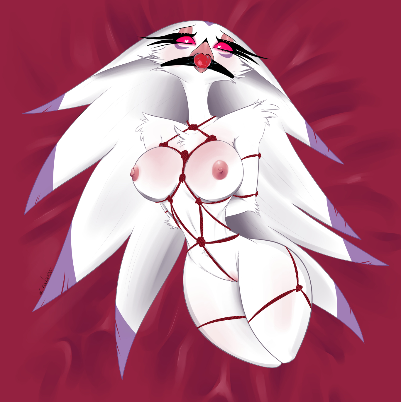 1girls, avian, avian humanoid, ball gag, big breasts, breasts, crunkerton, demon, demon girl, female, female focus, female only, heart-shaped pupils, helluva boss, humanoid, mature female, milf, mother, nipples, non-mammal breasts, owl, owl demon, pink sclera, rope, rope bondage, rope harness, stella (helluva boss), tied arms