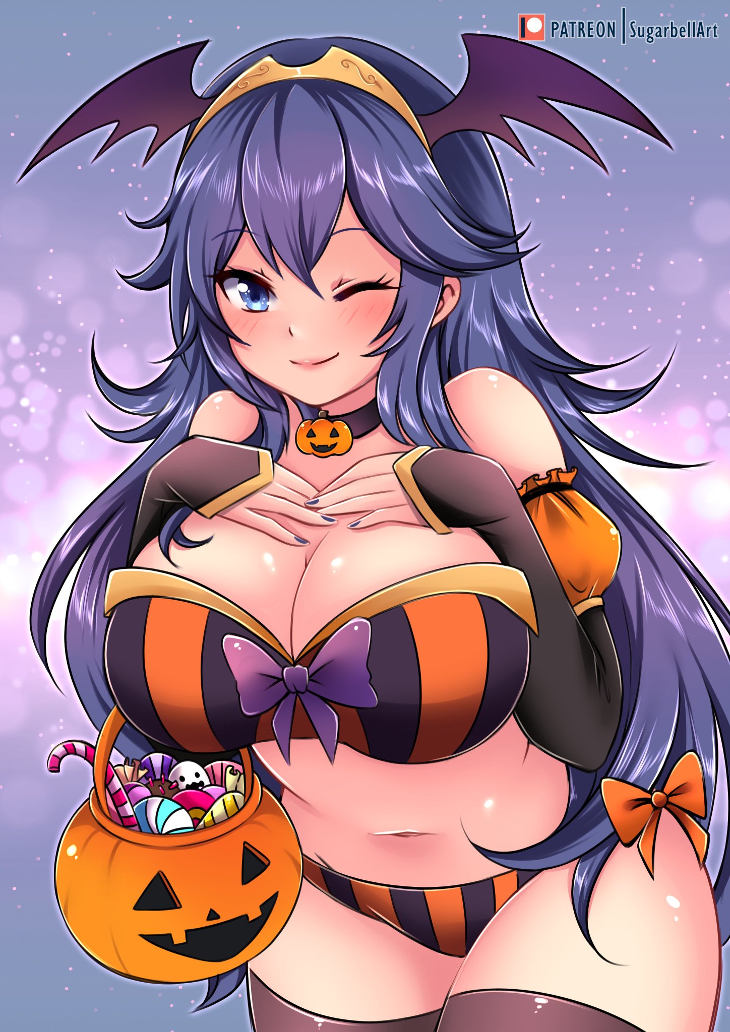 1girls, alternate breast size, alternate costume, blue eyes, blue hair, blush, bow, breasts, candy, cleavage, collar, colored, demon, fake wings, female, female only, fire emblem, fire emblem awakening, halloween, halloween costume, huge breasts, jack-o'-lantern, large breasts, leggings, long hair, looking at viewer, lucina (fire emblem), midriff, nail polish, navel, nintendo, smile, smiling at viewer, solo, succubus, sugarbell, thick thighs, thighs, wink, winking at viewer