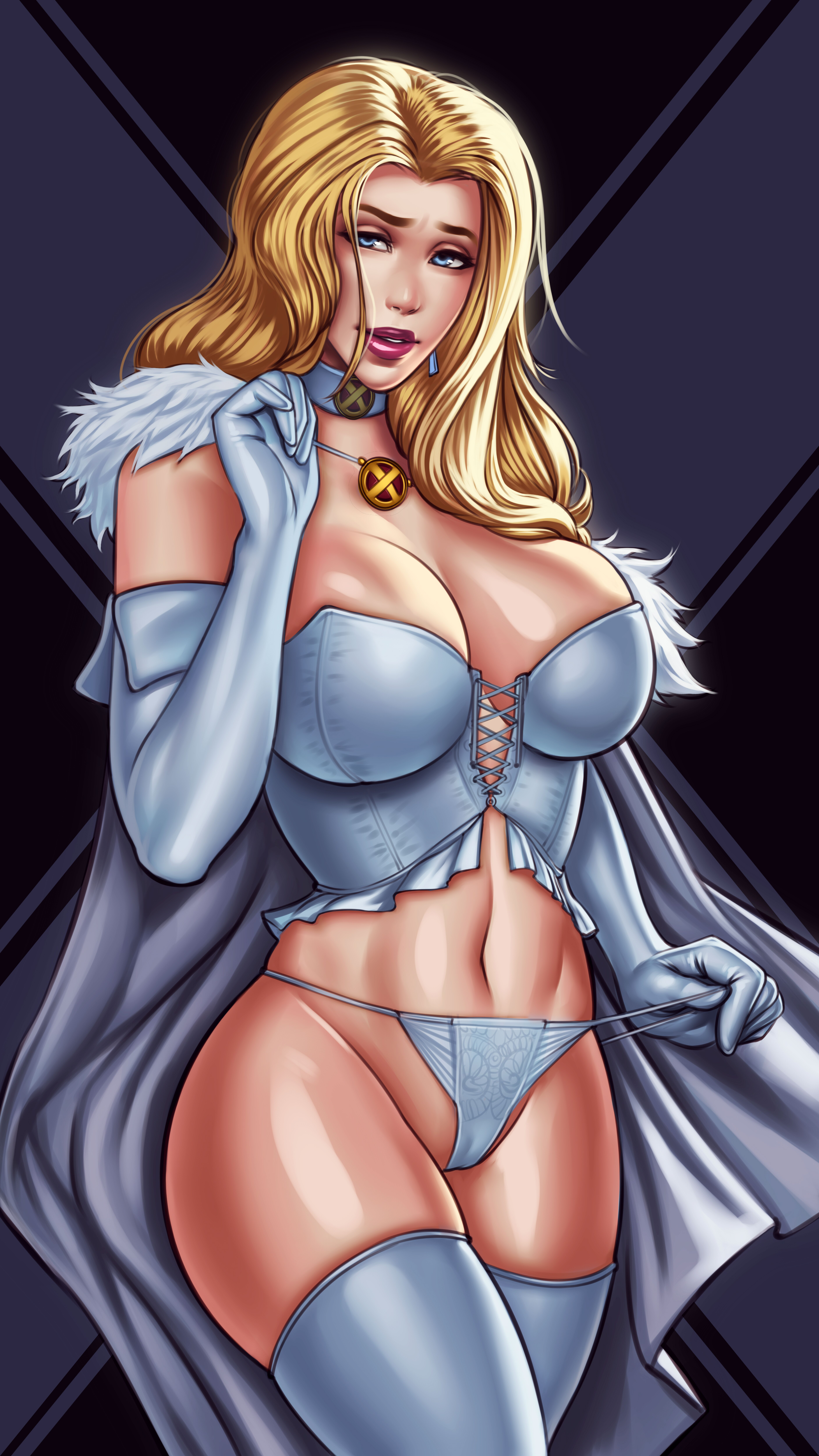 blonde hair, blue eyes, breasts, cape, corset, curvaceous, curvy, curvy female, curvy figure, emma frost, female, hourglass figure, huge breasts, marvel, marvel comics, mikiron, thick thighs, thong panties, white queen, wide hips, x-men