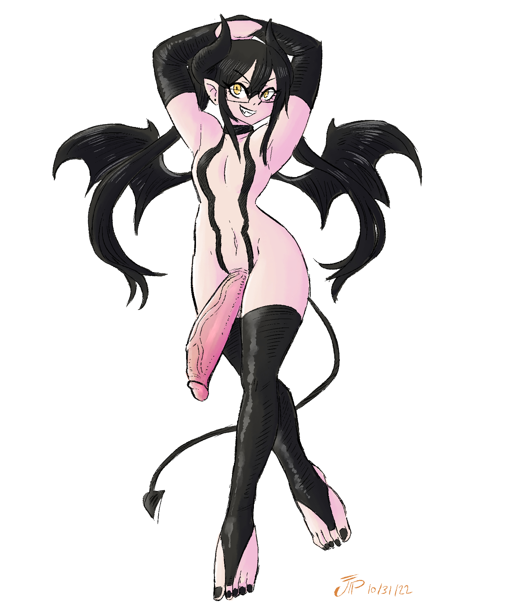 1boy, 2022, arms behind head, arms up, black hair, black toenails, clothed, clothing, dated, demon, feet, femboy, flaccid, full body, halloween, horns, huge cock, humanoid, humanoid penis, hung trap, incubus, leggings, light skin, light-skinned male, long hair, male, male only, mostly nude, penis, penn (videajames), solo, standing, thighhighs, toeless legwear, toeless socks, toenail polish, toes, trap, videajames, wings